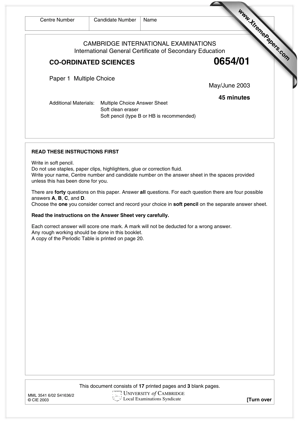 Cambridge IGCSE Sciences - Co-ordinated (Double) 0654 2003 May/June Paper 1 · Variant 1 question paper, page 1 of 20