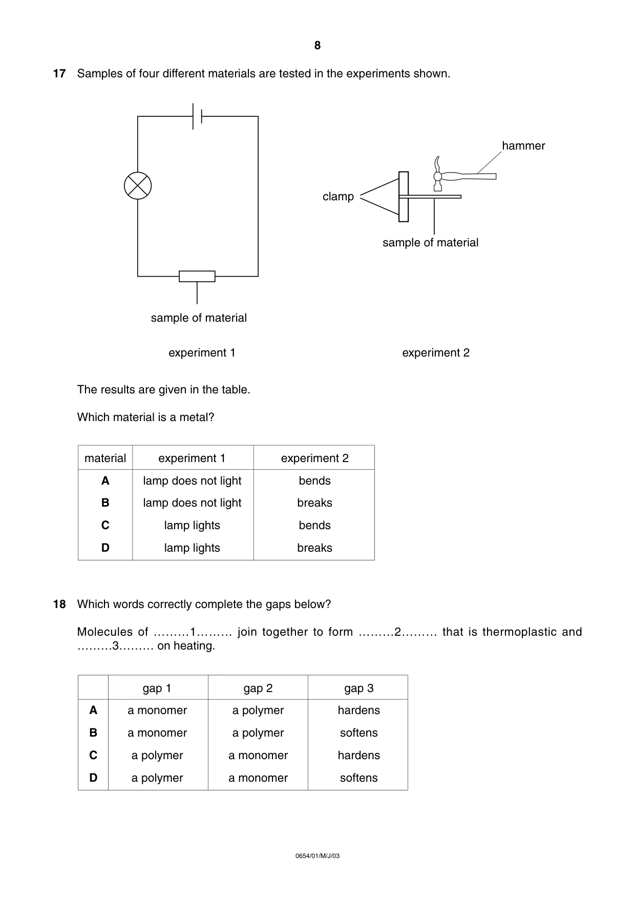 Cambridge IGCSE Sciences - Co-ordinated (Double) 0654 2003 May/June Paper 1 · Variant 1 question paper, page 8 of 20