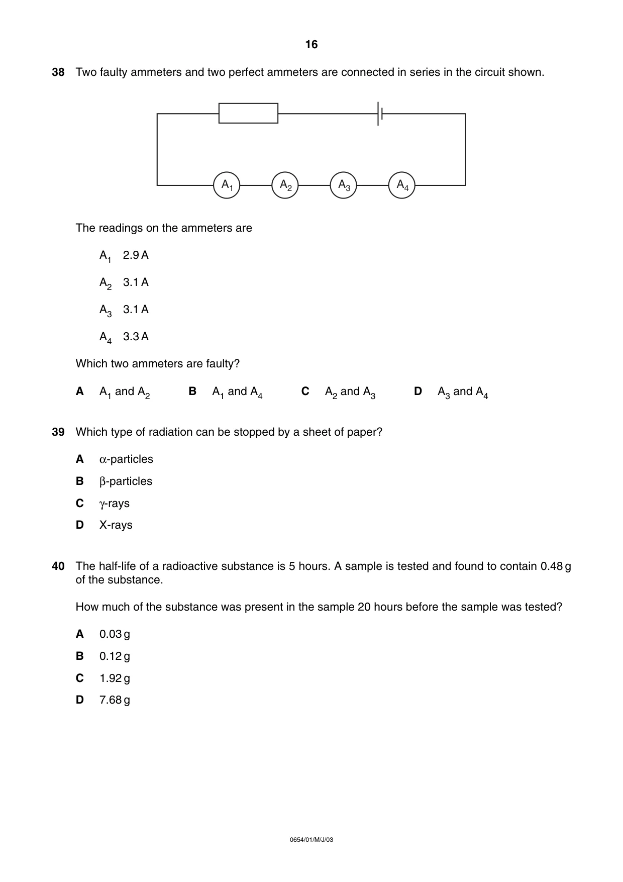 Cambridge IGCSE Sciences - Co-ordinated (Double) 0654 2003 May/June Paper 1 · Variant 1 question paper, page 16 of 20