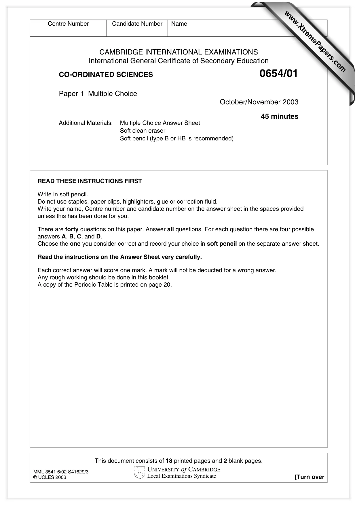 Cambridge IGCSE Sciences - Co-ordinated (Double) 0654 2003 Oct/Nov Paper 1 · Variant 1 question paper, page 1 of 20