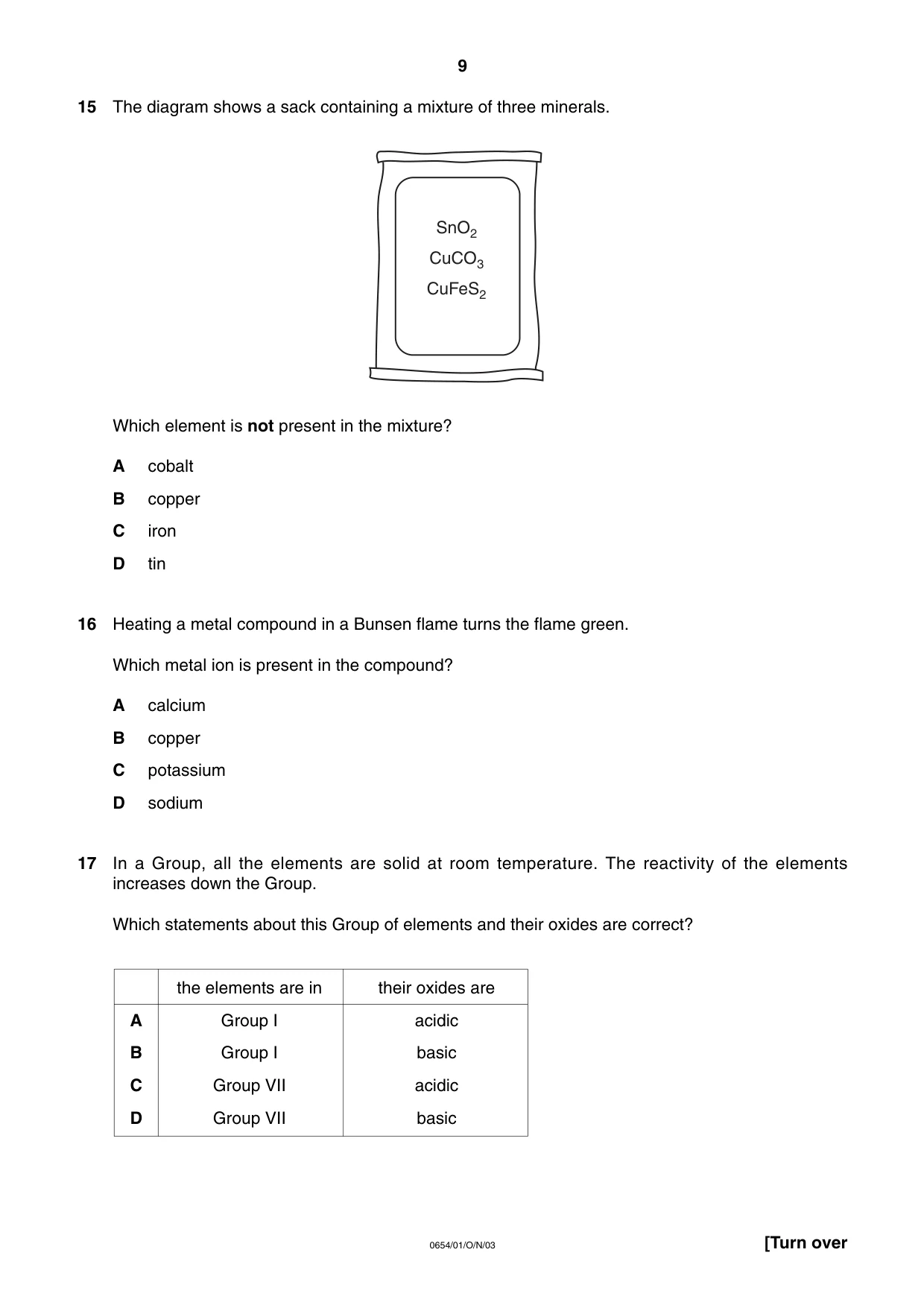 Cambridge IGCSE Sciences - Co-ordinated (Double) 0654 2003 Oct/Nov Paper 1 · Variant 1 question paper, page 9 of 20
