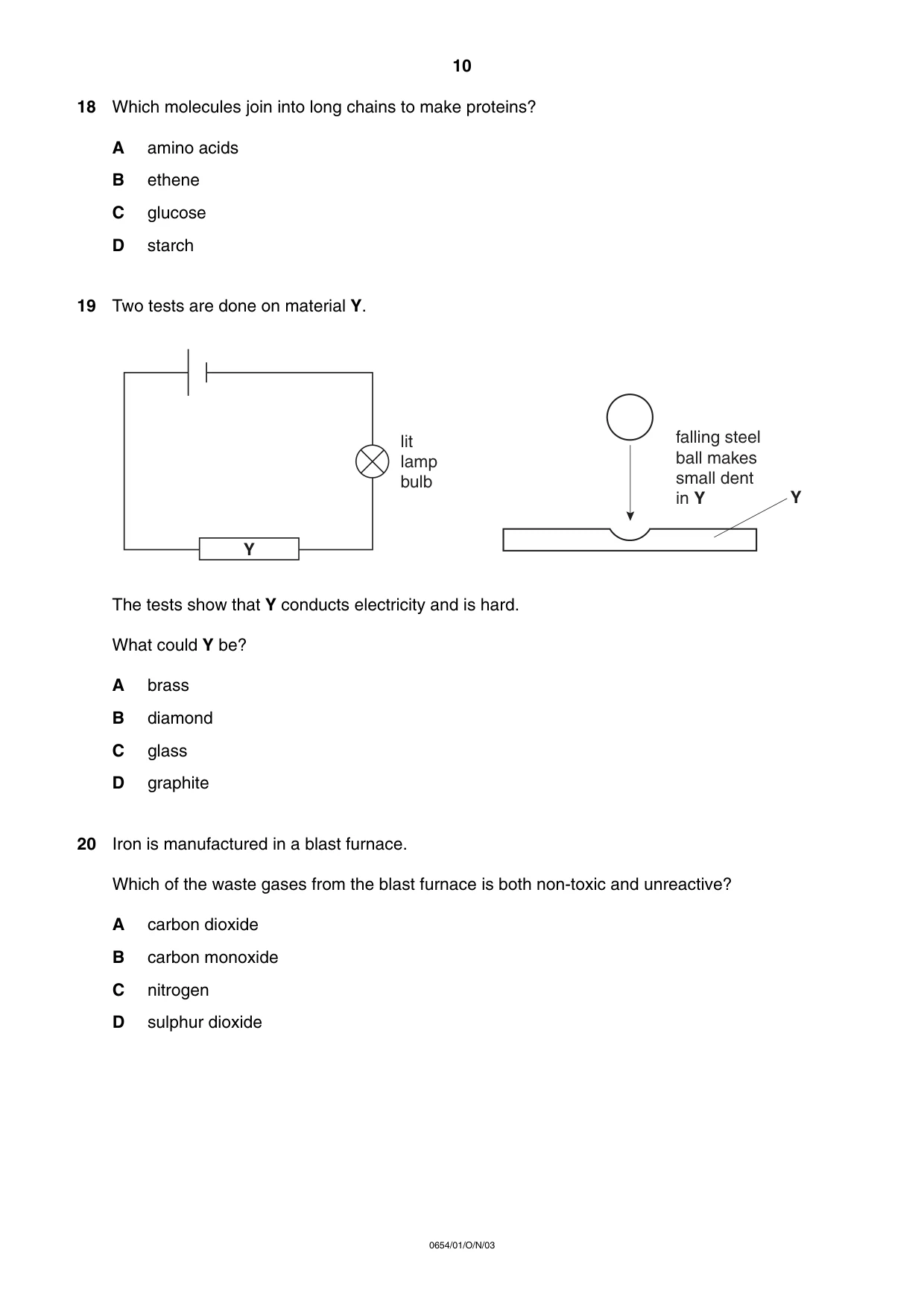 Cambridge IGCSE Sciences - Co-ordinated (Double) 0654 2003 Oct/Nov Paper 1 · Variant 1 question paper, page 10 of 20