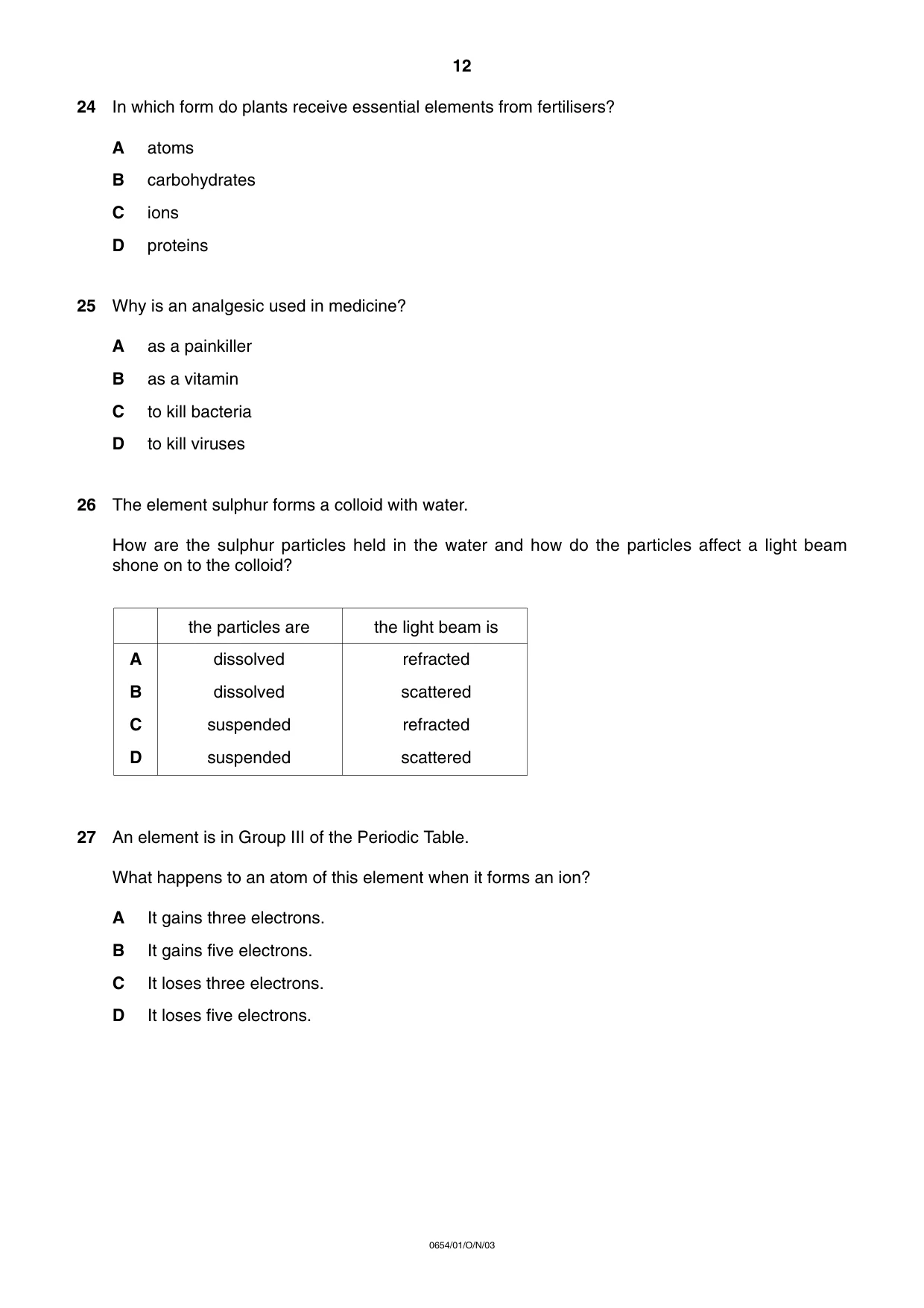 Cambridge IGCSE Sciences - Co-ordinated (Double) 0654 2003 Oct/Nov Paper 1 · Variant 1 question paper, page 12 of 20