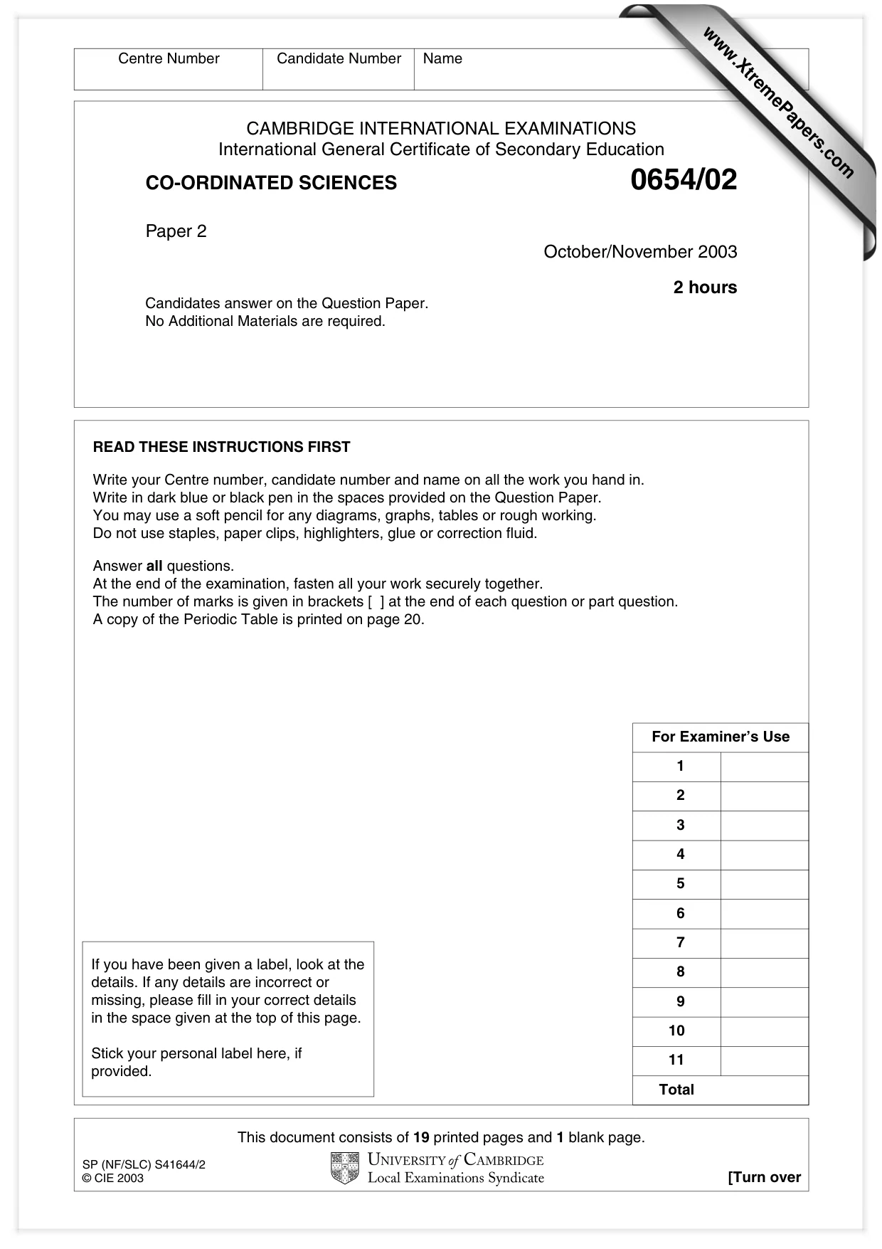 Cambridge IGCSE Sciences - Co-ordinated (Double) 0654 2003 Oct/Nov Paper 2 · Variant 1 question paper, page 1 of 20
