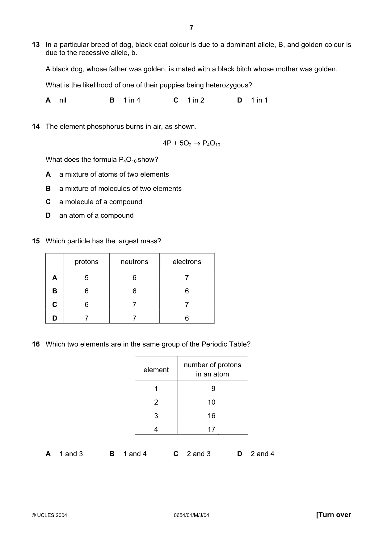 Cambridge IGCSE Sciences - Co-ordinated (Double) 0654 2004 May/June Paper 1 · Variant 1 question paper, page 7 of 20