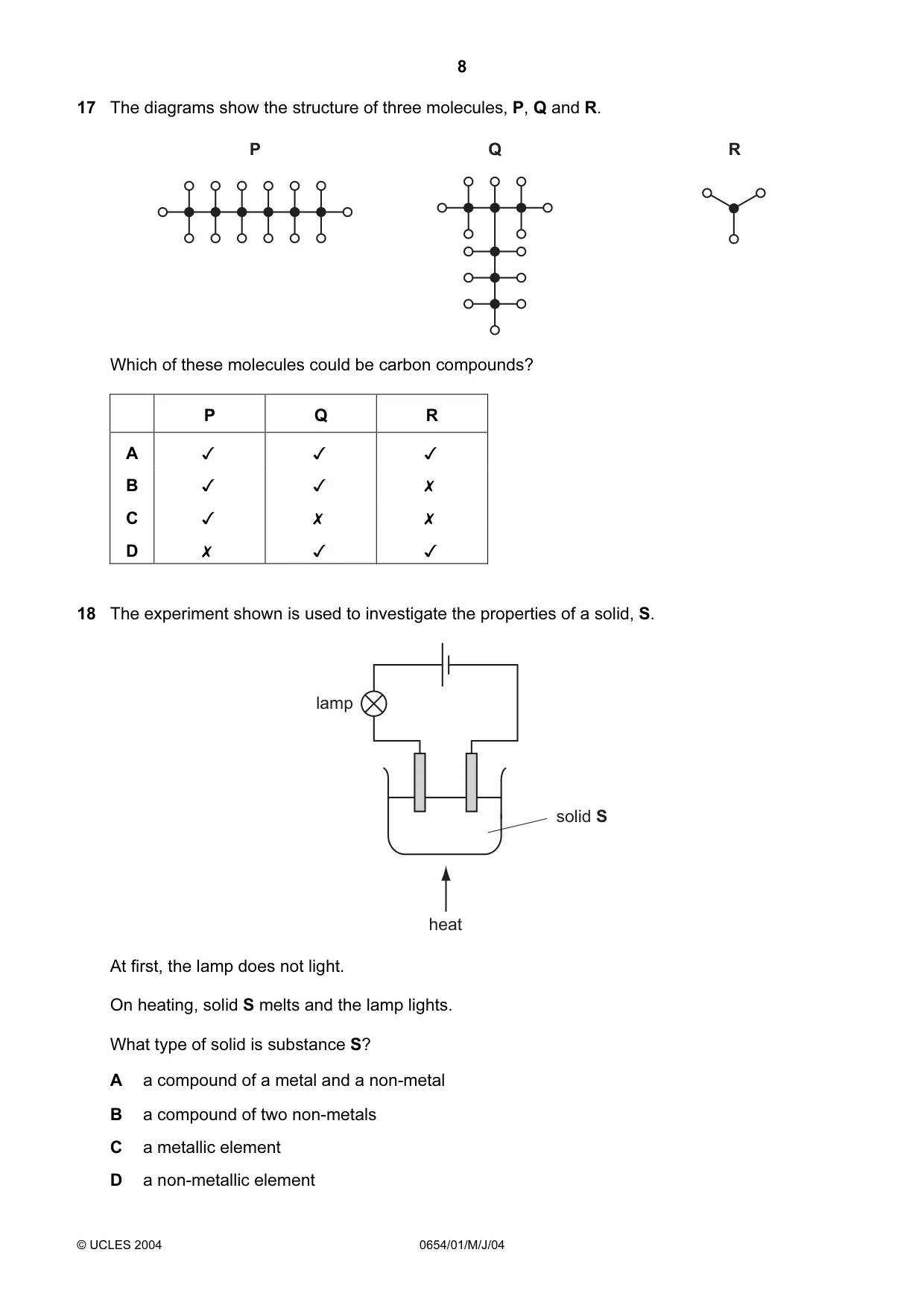 Cambridge IGCSE Sciences - Co-ordinated (Double) 0654 2004 May/June Paper 1 · Variant 1 question paper, page 8 of 20
