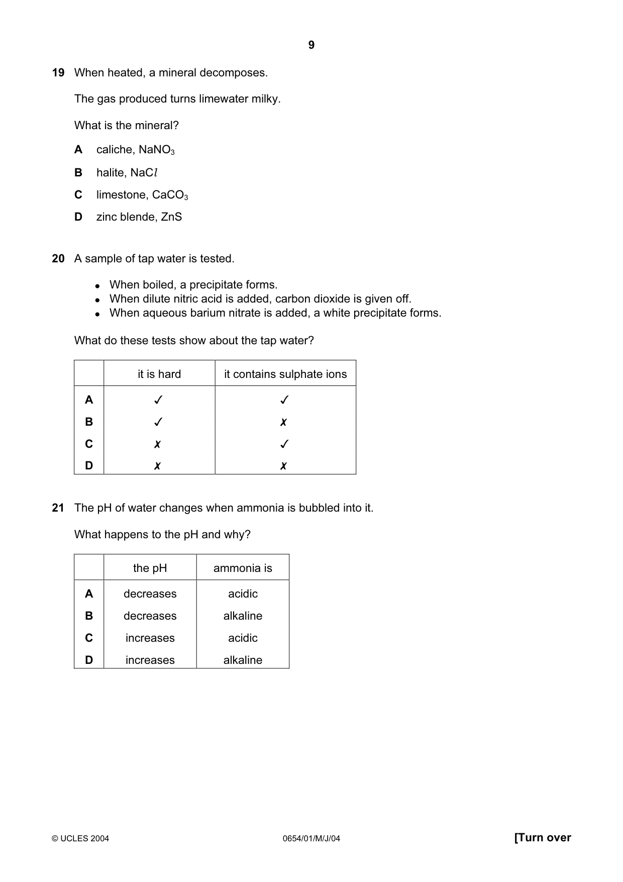 Cambridge IGCSE Sciences - Co-ordinated (Double) 0654 2004 May/June Paper 1 · Variant 1 question paper, page 9 of 20