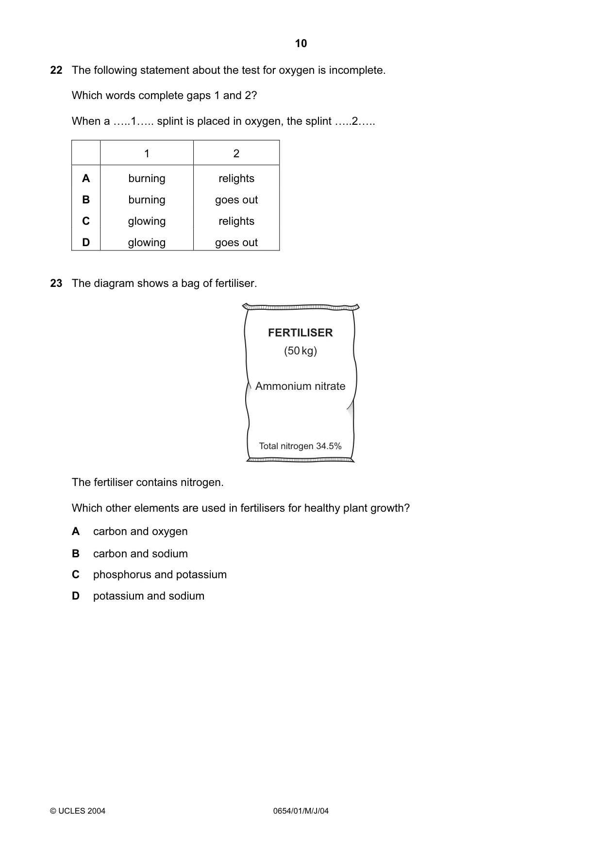 Cambridge IGCSE Sciences - Co-ordinated (Double) 0654 2004 May/June Paper 1 · Variant 1 question paper, page 10 of 20