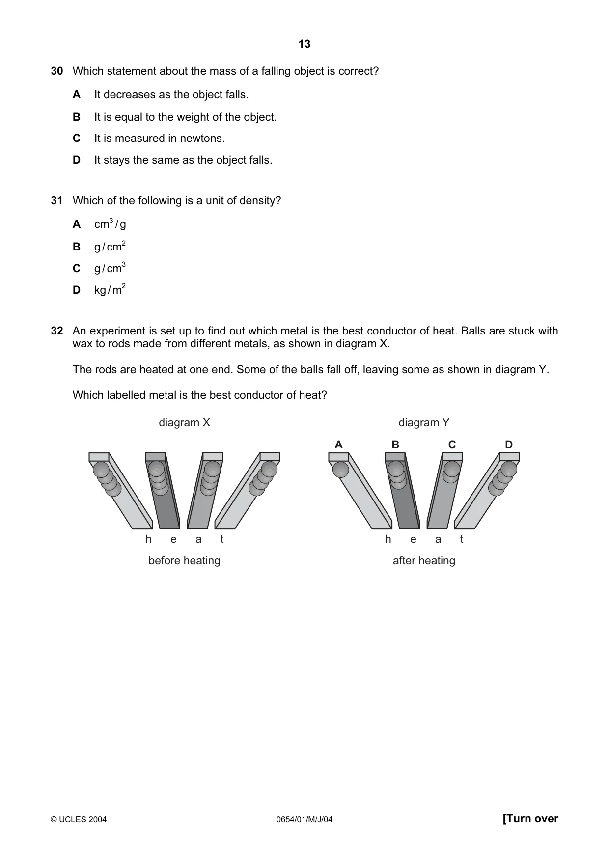 Cambridge IGCSE Sciences - Co-ordinated (Double) 0654 2004 May/June Paper 1 · Variant 1 question paper, page 13 of 20