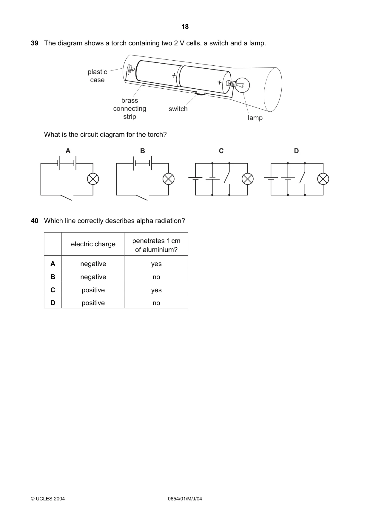 Cambridge IGCSE Sciences - Co-ordinated (Double) 0654 2004 May/June Paper 1 · Variant 1 question paper, page 18 of 20