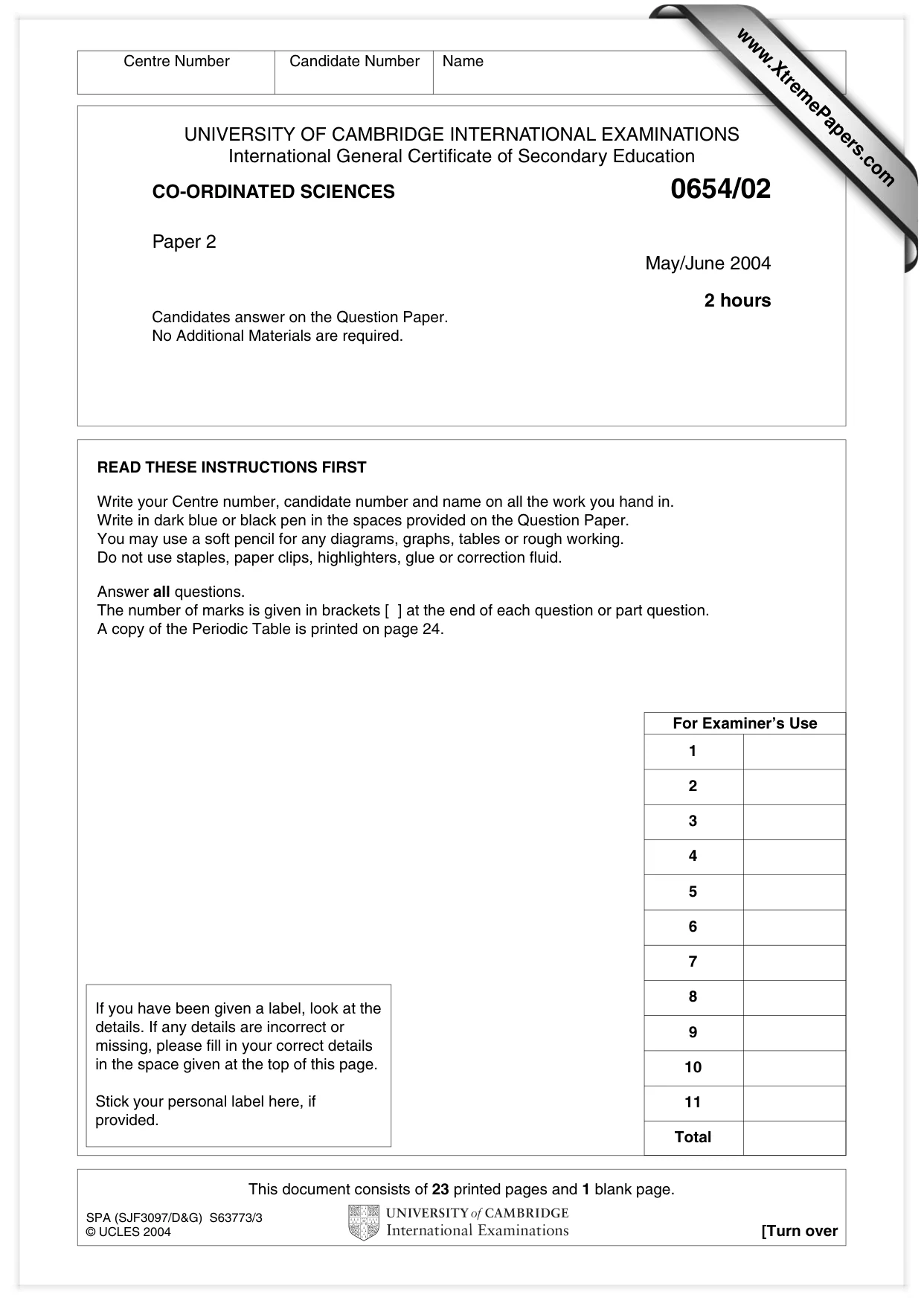 Cambridge IGCSE Sciences - Co-ordinated (Double) 0654 2004 May/June Paper 2 · Variant 1 question paper, page 1 of 24