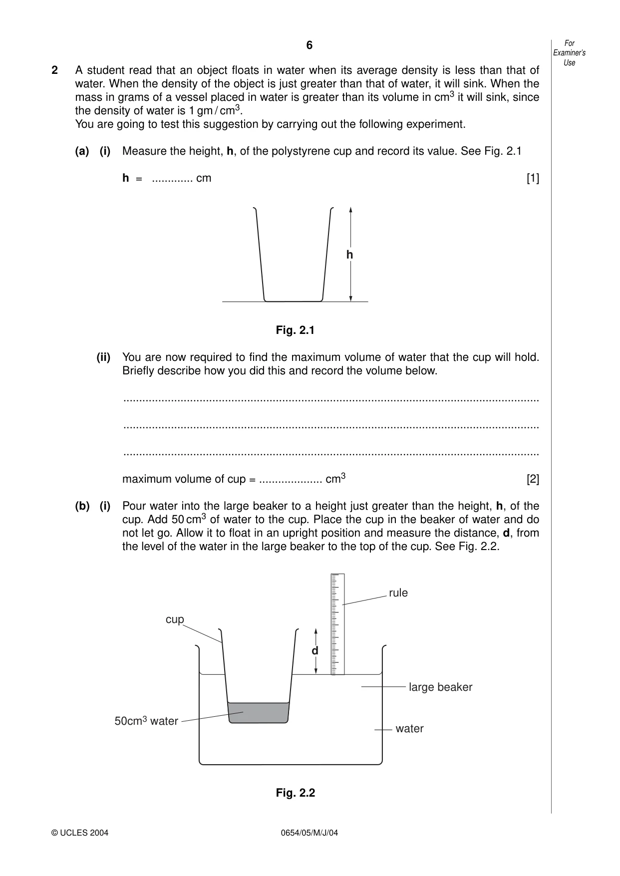 Cambridge IGCSE Sciences - Co-ordinated (Double) 0654 2004 May/June Paper 5 · Variant 1 question paper, page 6 of 12
