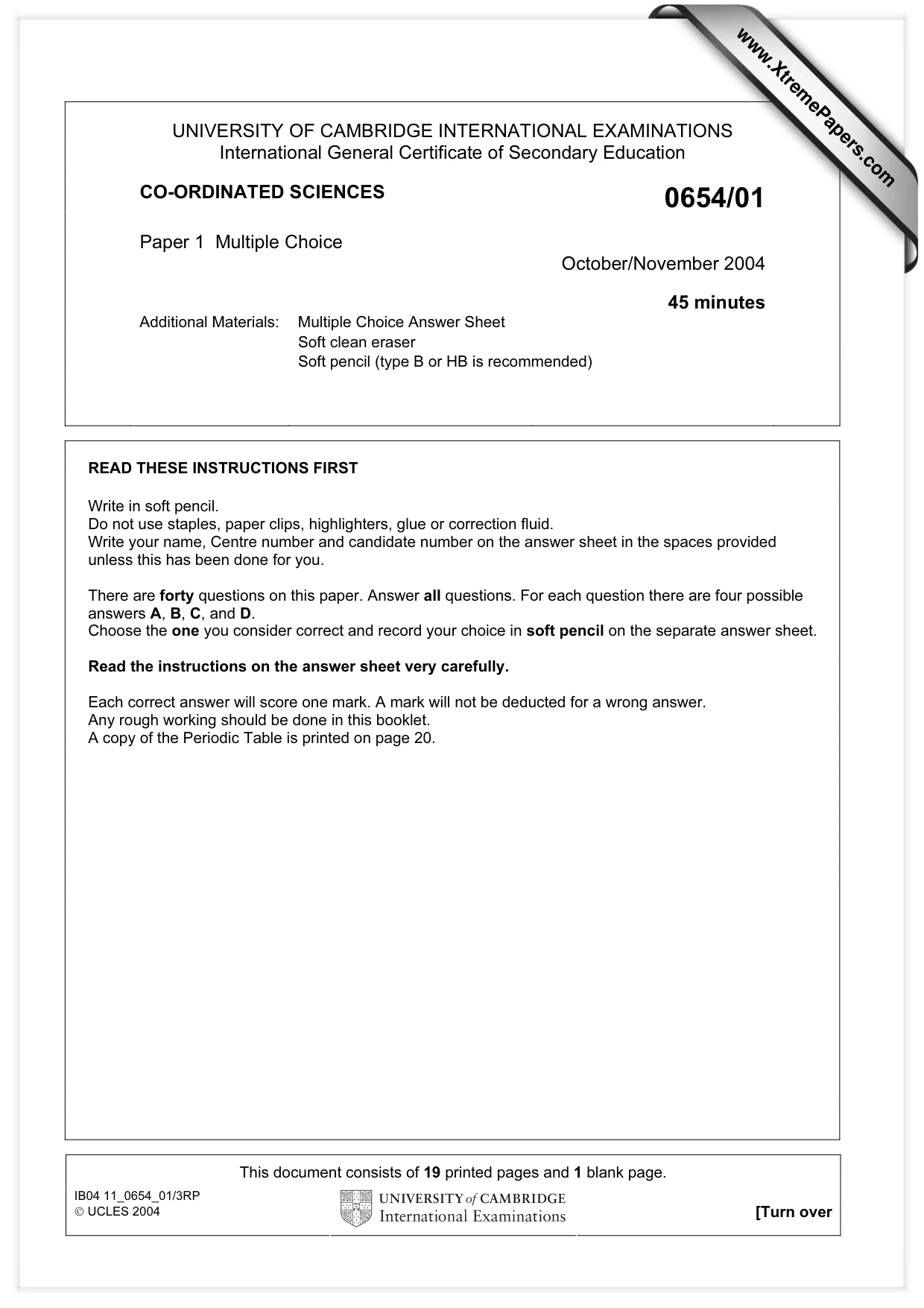 Cambridge IGCSE Sciences - Co-ordinated (Double) 0654 2004 Oct/Nov Paper 1 · Variant 1 question paper, page 1 of 20
