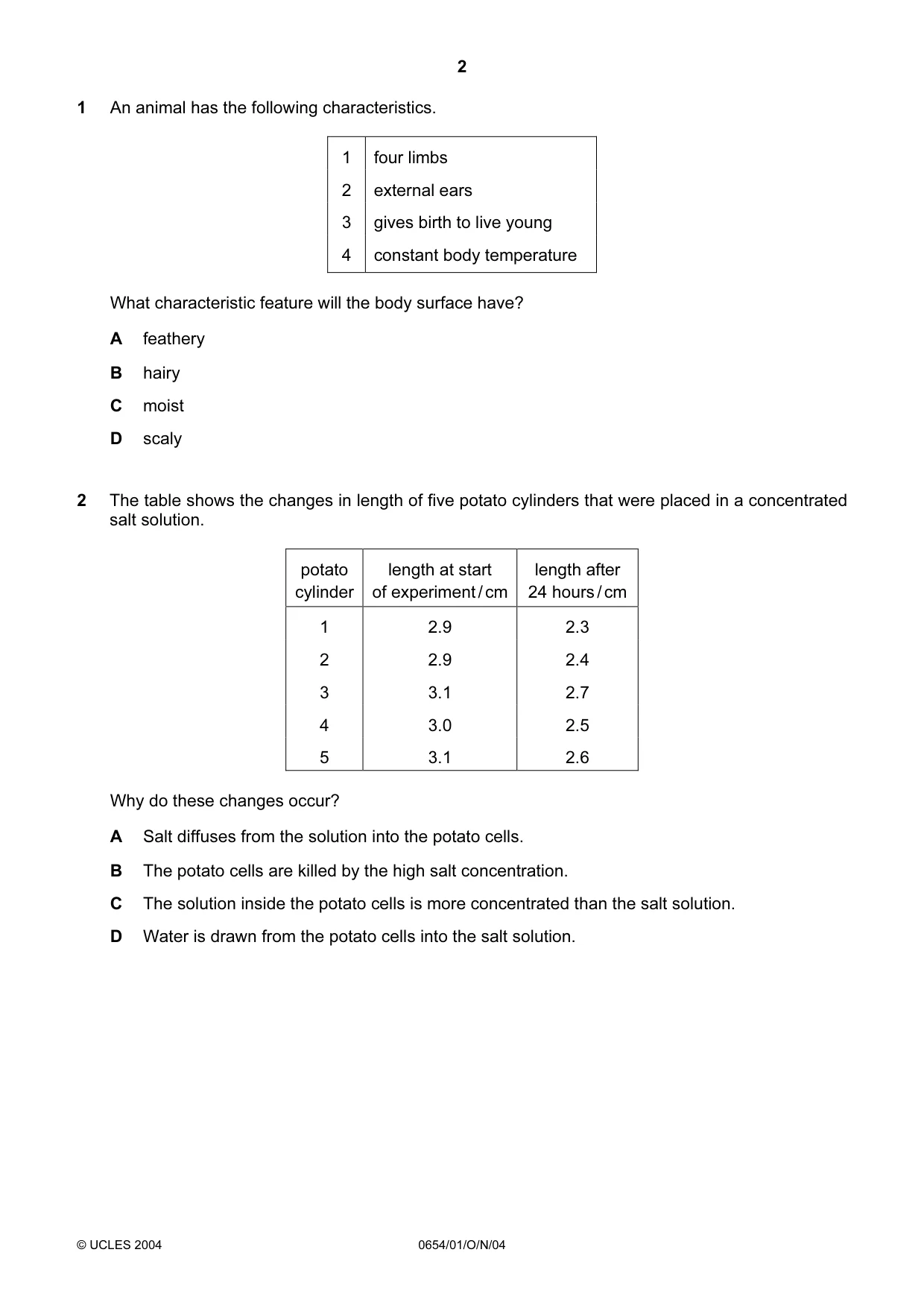 Cambridge IGCSE Sciences - Co-ordinated (Double) 0654 2004 Oct/Nov Paper 1 · Variant 1 question paper, page 2 of 20