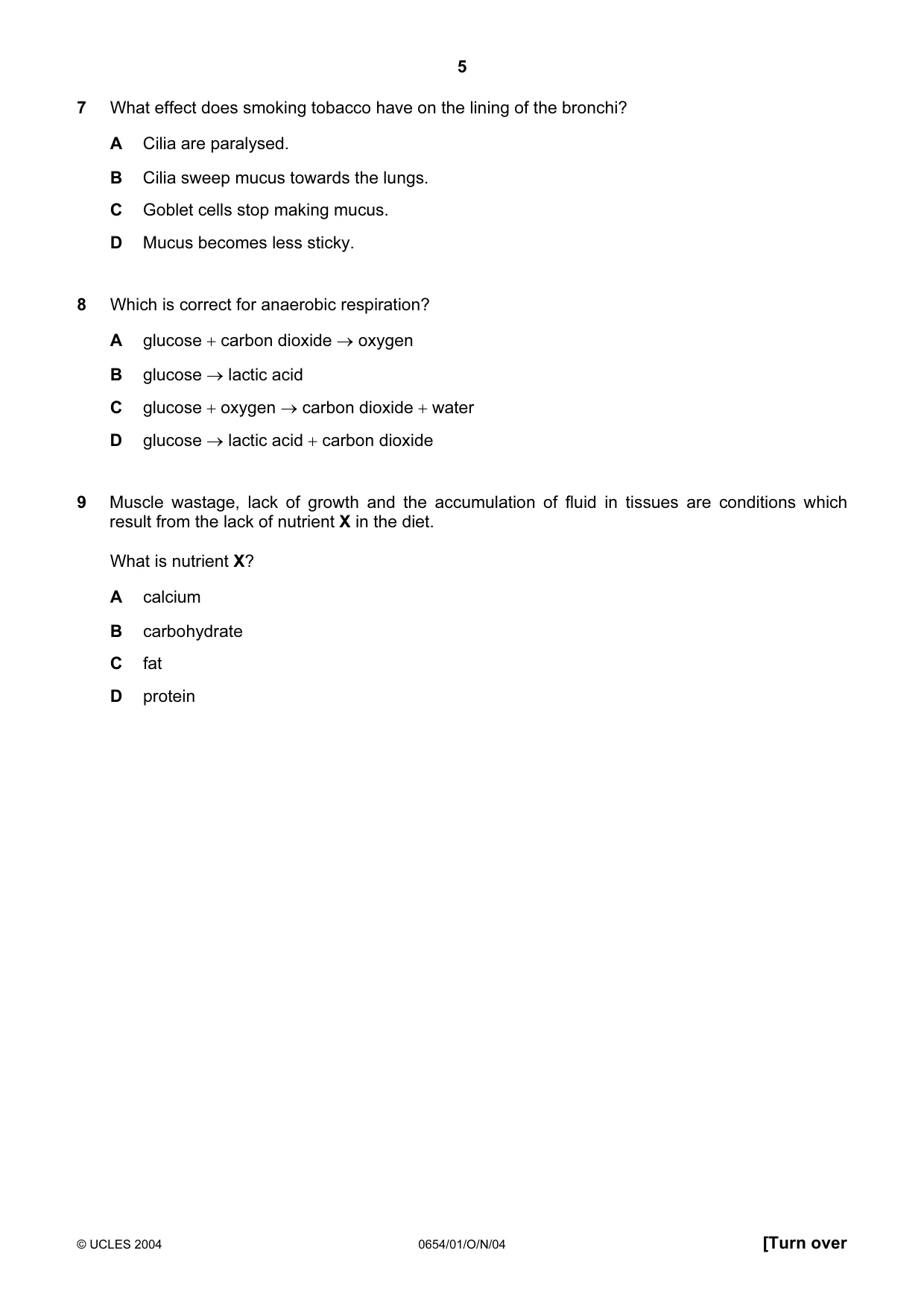 Cambridge IGCSE Sciences - Co-ordinated (Double) 0654 2004 Oct/Nov Paper 1 · Variant 1 question paper, page 5 of 20