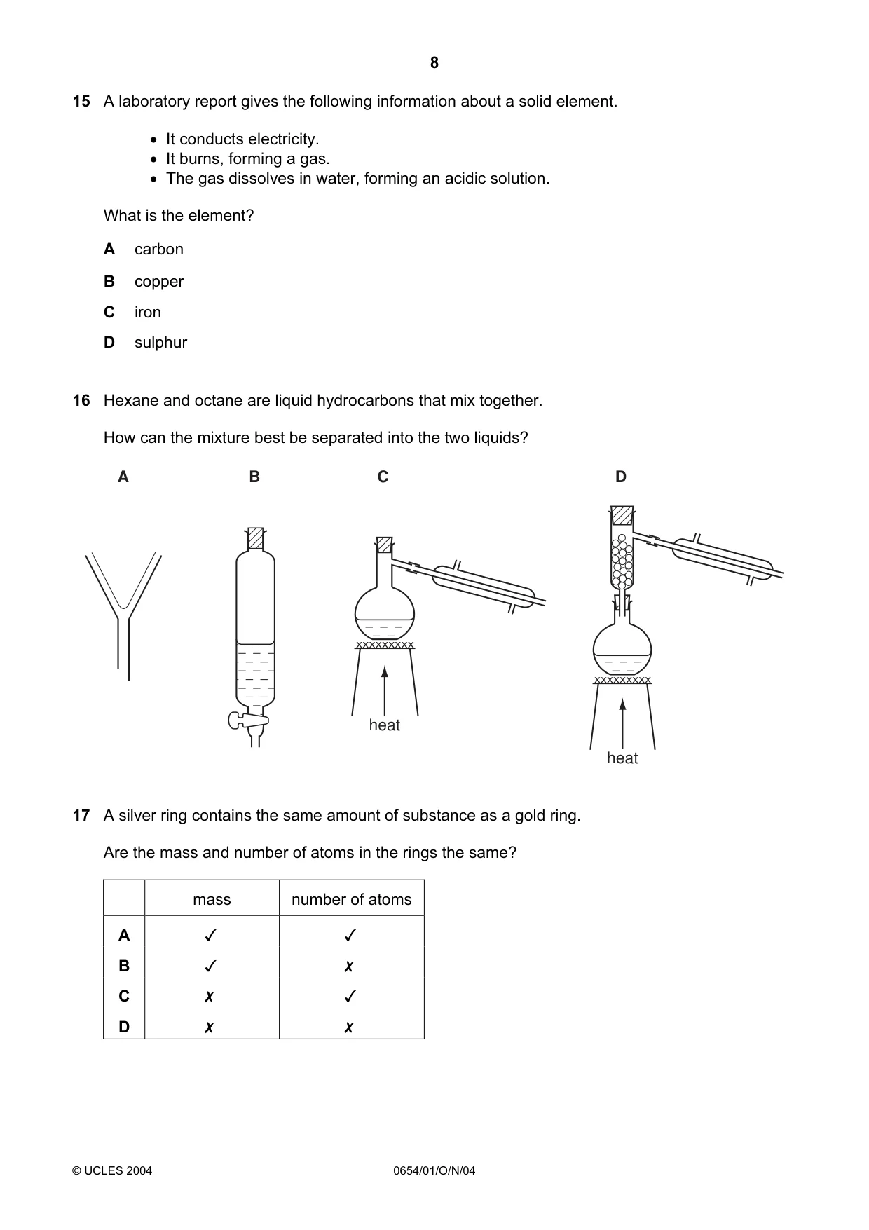 Cambridge IGCSE Sciences - Co-ordinated (Double) 0654 2004 Oct/Nov Paper 1 · Variant 1 question paper, page 8 of 20