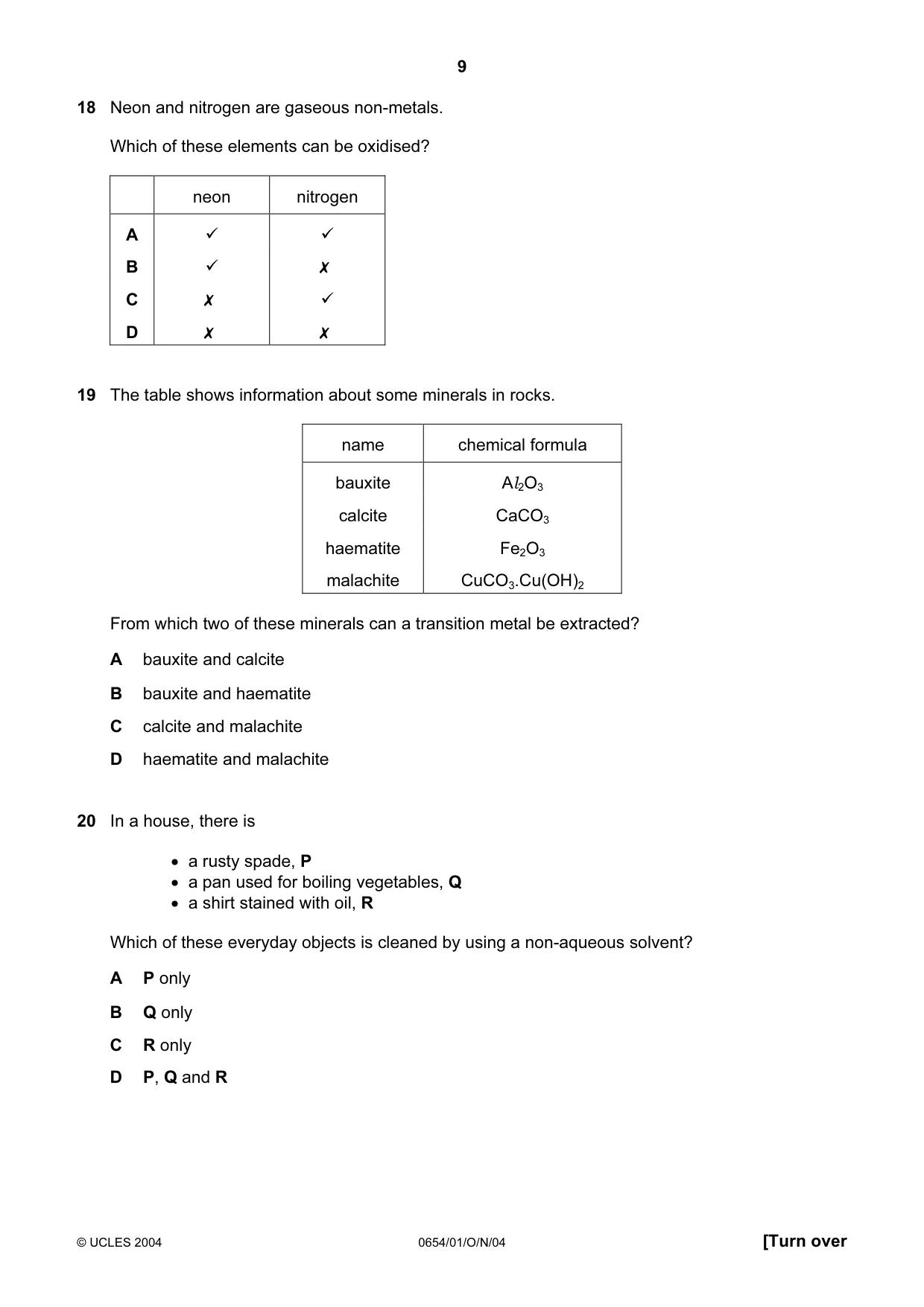 Cambridge IGCSE Sciences - Co-ordinated (Double) 0654 2004 Oct/Nov Paper 1 · Variant 1 question paper, page 9 of 20