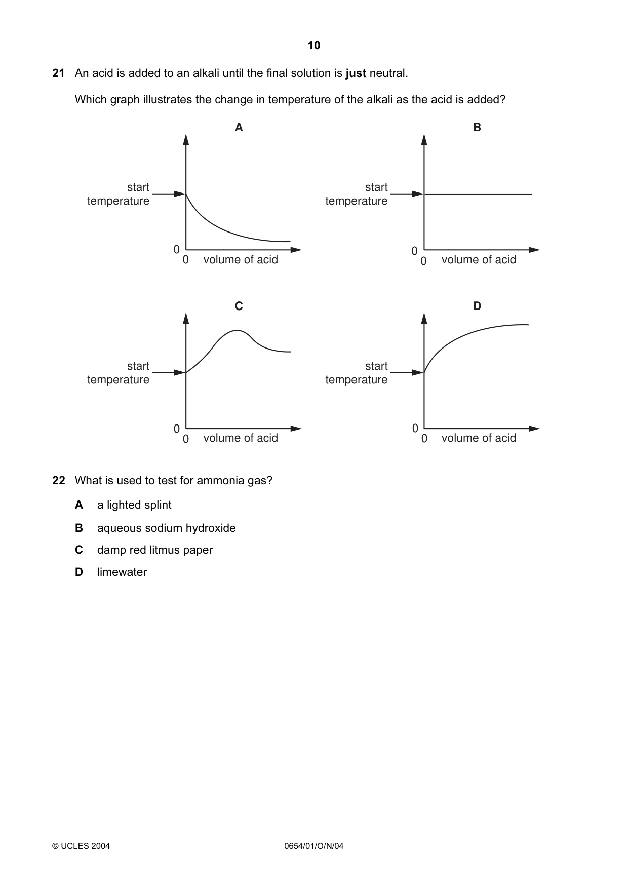Cambridge IGCSE Sciences - Co-ordinated (Double) 0654 2004 Oct/Nov Paper 1 · Variant 1 question paper, page 10 of 20