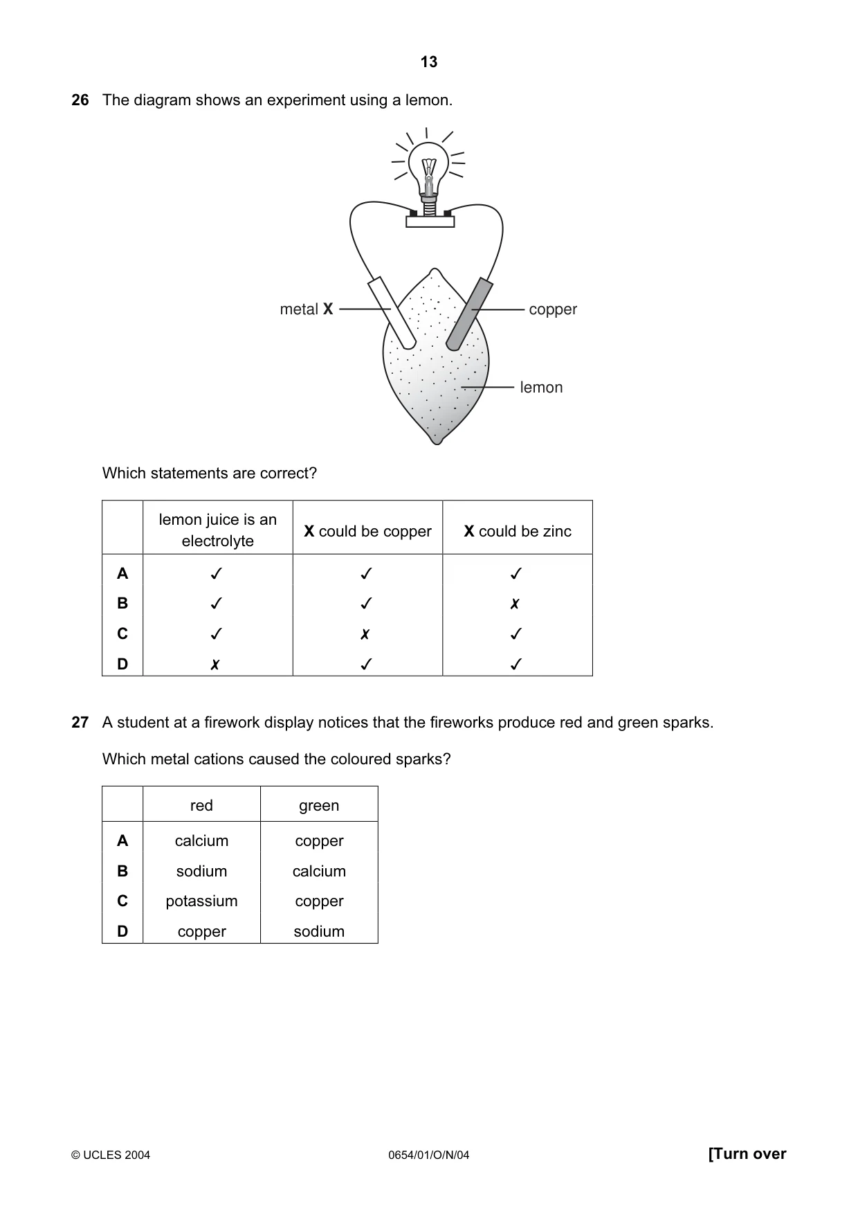 Cambridge IGCSE Sciences - Co-ordinated (Double) 0654 2004 Oct/Nov Paper 1 · Variant 1 question paper, page 13 of 20