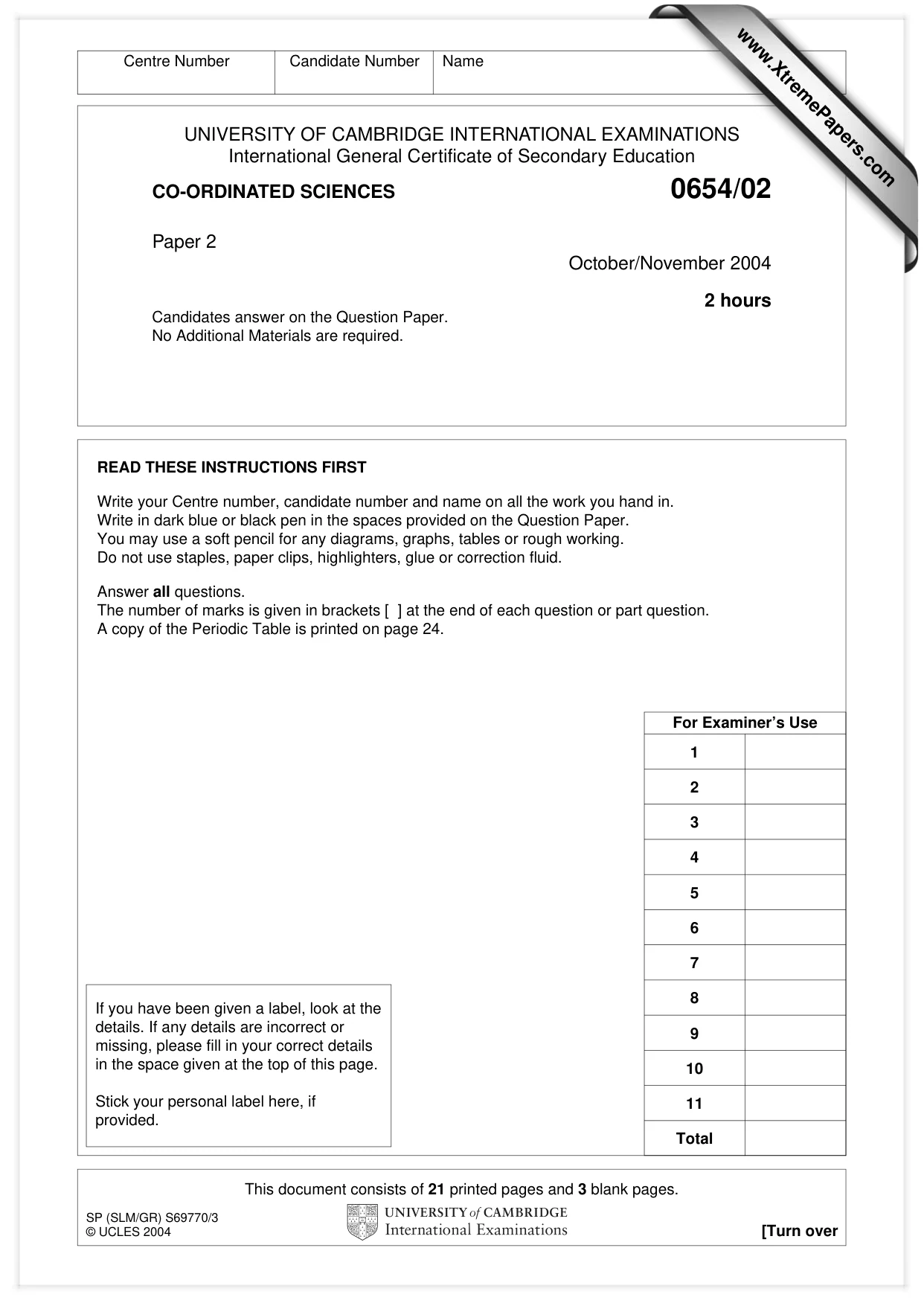 Cambridge IGCSE Sciences - Co-ordinated (Double) 0654 2004 Oct/Nov Paper 2 · Variant 1 question paper, page 1 of 24