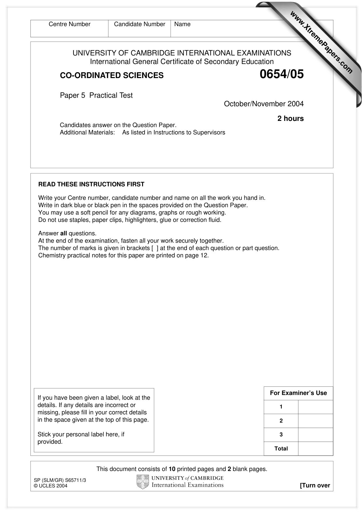 Cambridge IGCSE Sciences - Co-ordinated (Double) 0654 2004 Oct/Nov Paper 5 · Variant 1 question paper, page 1 of 12