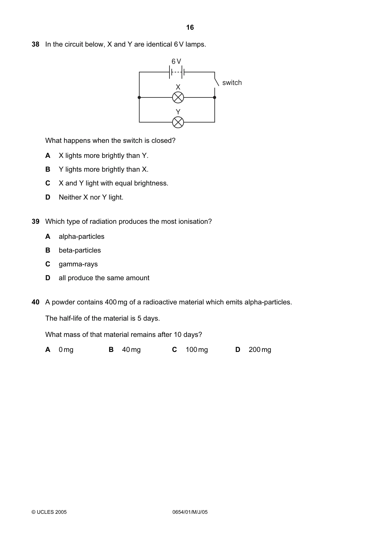 Cambridge IGCSE Sciences - Co-ordinated (Double) 0654 2005 May/June Paper 1 · Variant 1 question paper, page 16 of 20