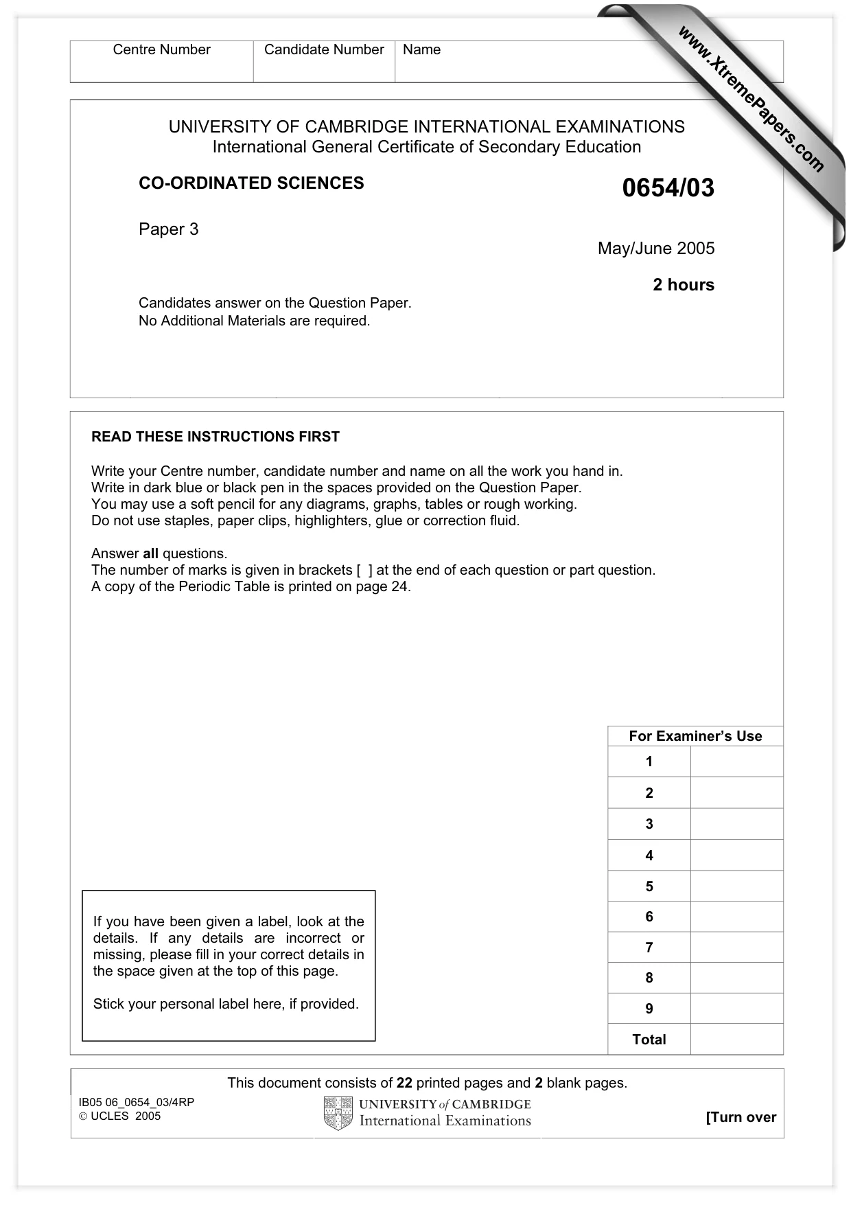 Cambridge IGCSE Sciences - Co-ordinated (Double) 0654 2005 May/June Paper 3 · Variant 1 question paper, page 1 of 24