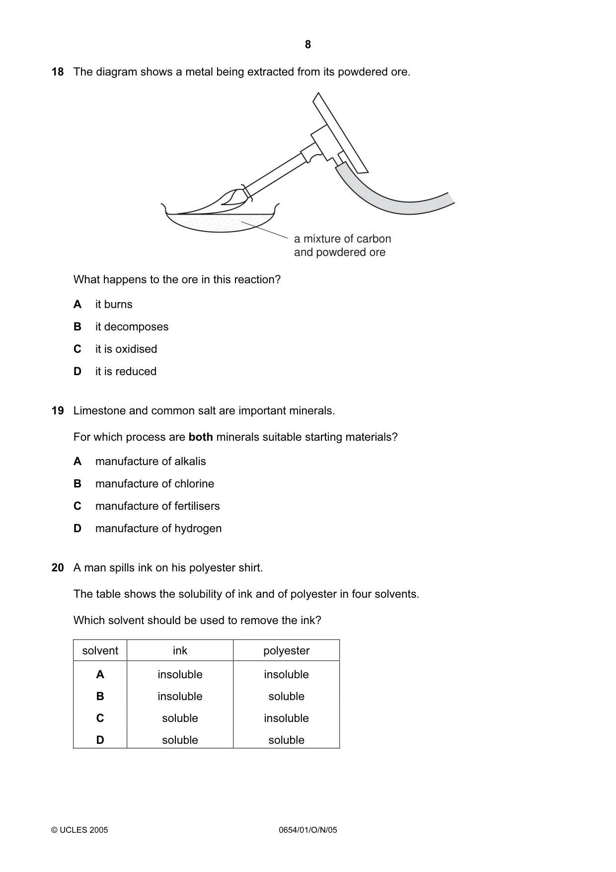 Cambridge IGCSE Sciences - Co-ordinated (Double) 0654 2005 Oct/Nov Paper 1 · Variant 1 question paper, page 8 of 20
