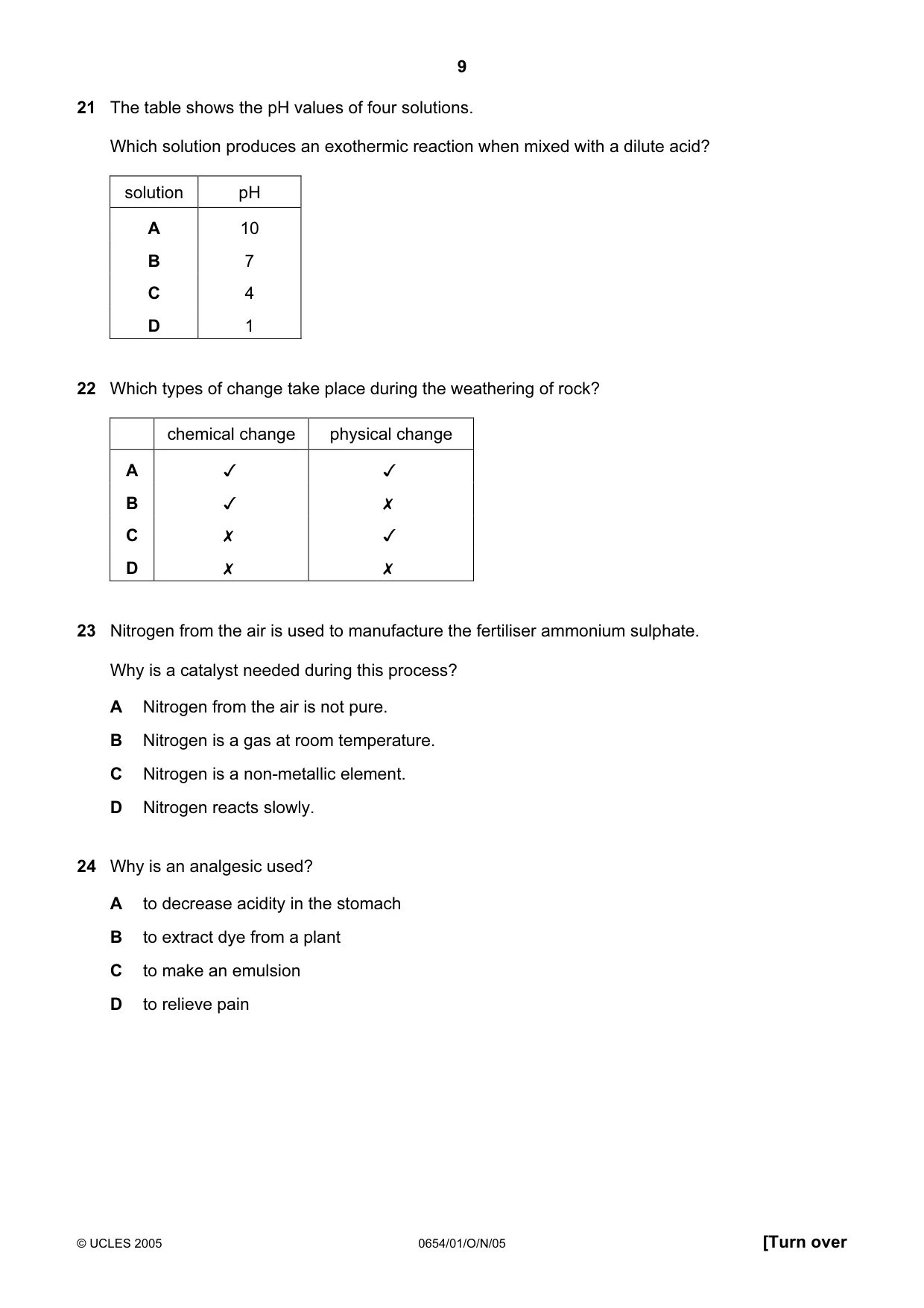 Cambridge IGCSE Sciences - Co-ordinated (Double) 0654 2005 Oct/Nov Paper 1 · Variant 1 question paper, page 9 of 20