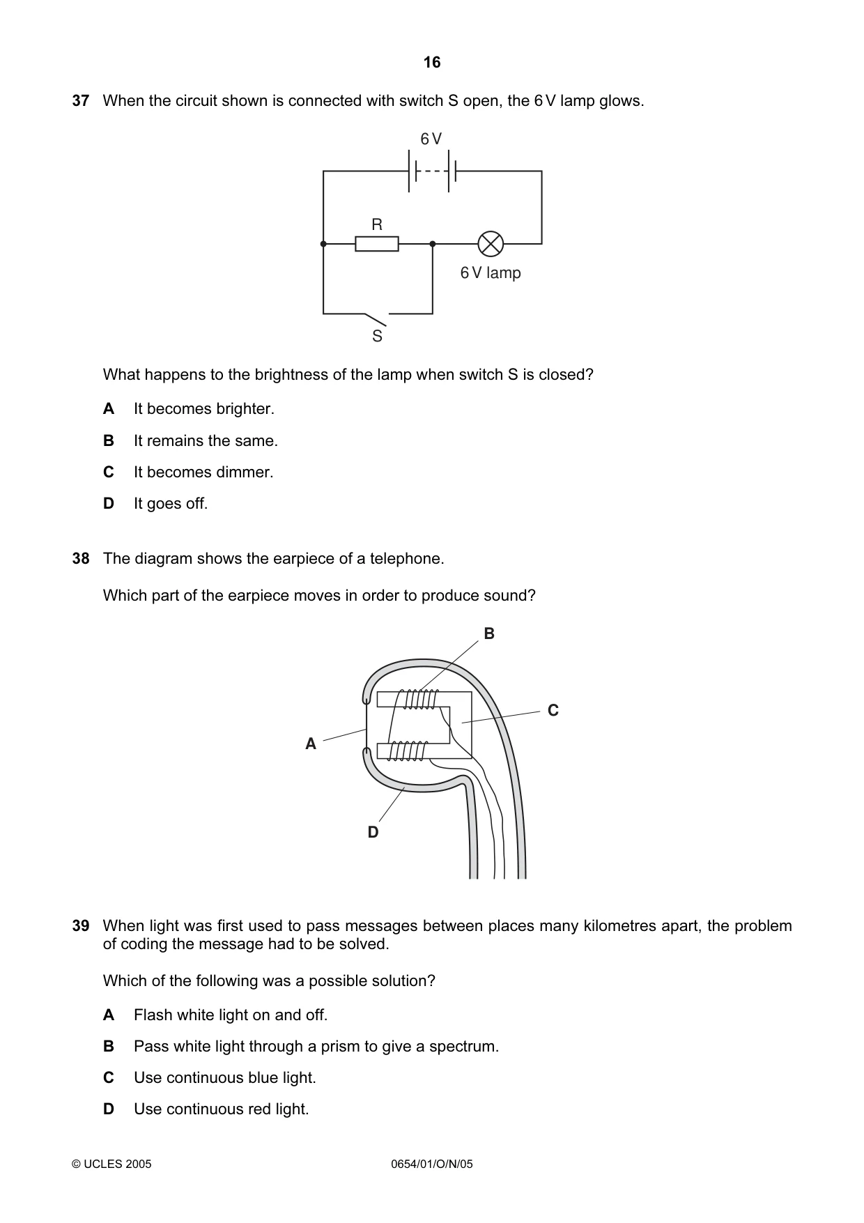 Cambridge IGCSE Sciences - Co-ordinated (Double) 0654 2005 Oct/Nov Paper 1 · Variant 1 question paper, page 16 of 20