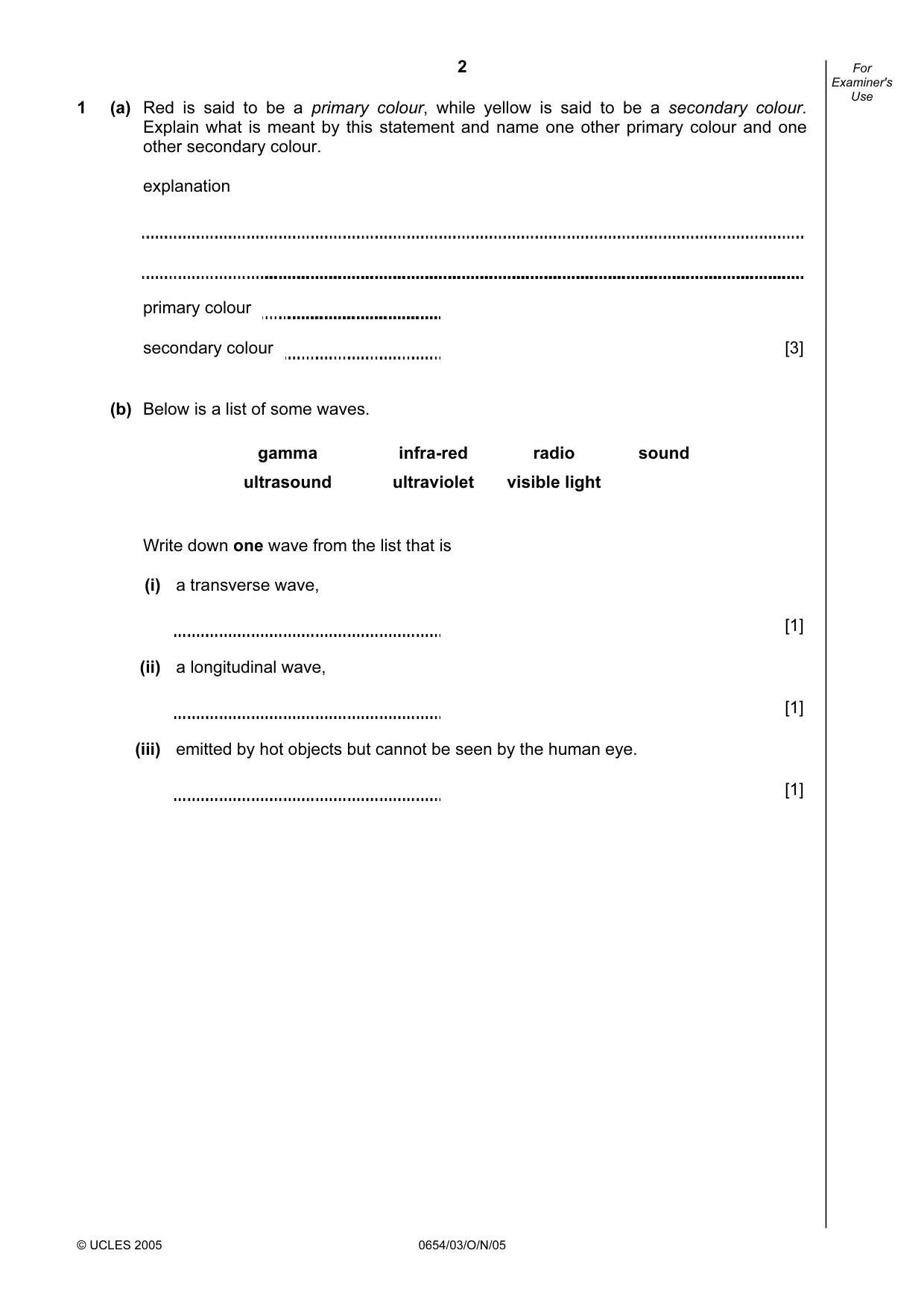 Cambridge IGCSE Sciences - Co-ordinated (Double) 0654 2005 Oct/Nov Paper 3 · Variant 1 question paper, page 2 of 20