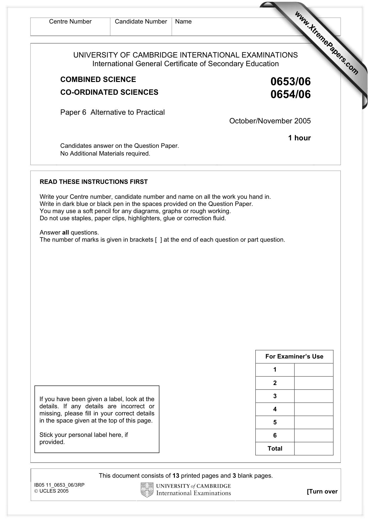 Cambridge IGCSE Sciences - Co-ordinated (Double) 0654 2005 Oct/Nov Paper 6 · Variant 1 question paper, page 1 of 16