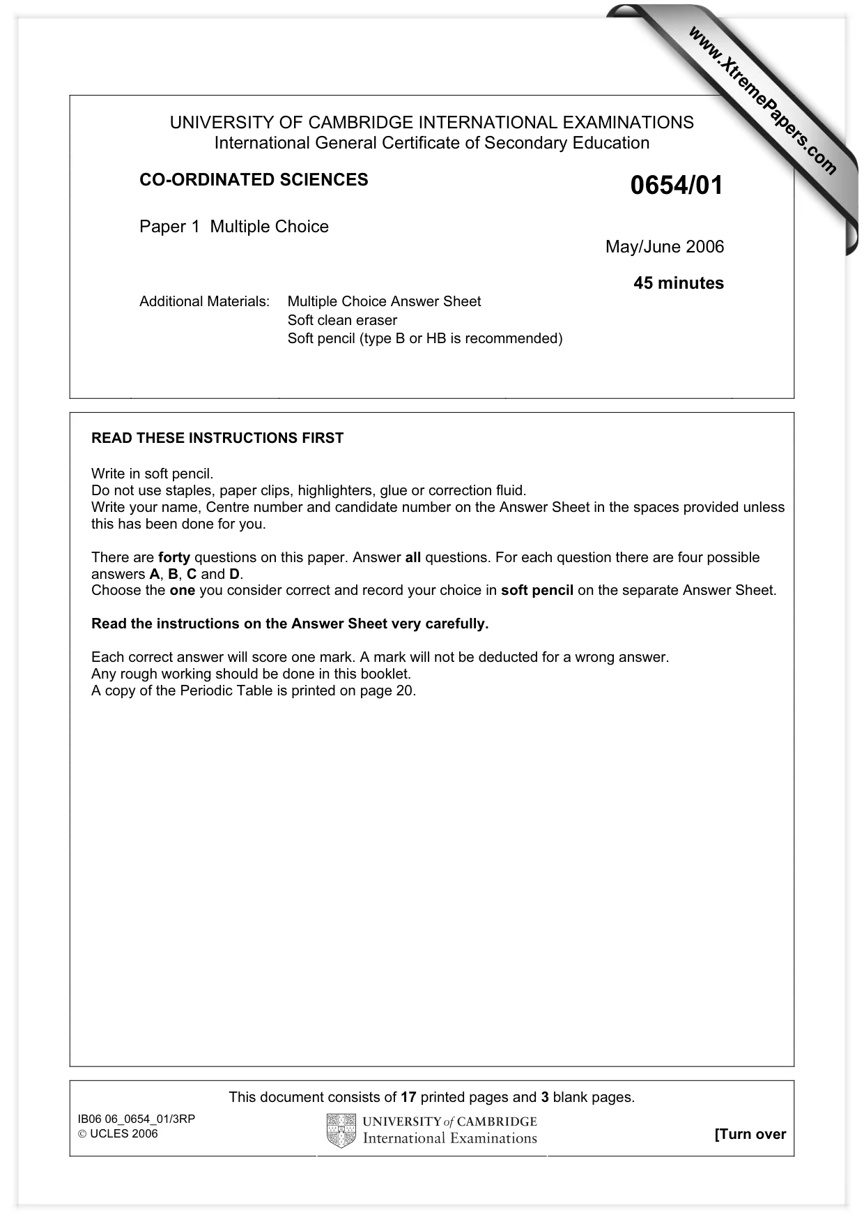 Cambridge IGCSE Sciences - Co-ordinated (Double) 0654 2006 May/June Paper 1 · Variant 1 question paper, page 1 of 20