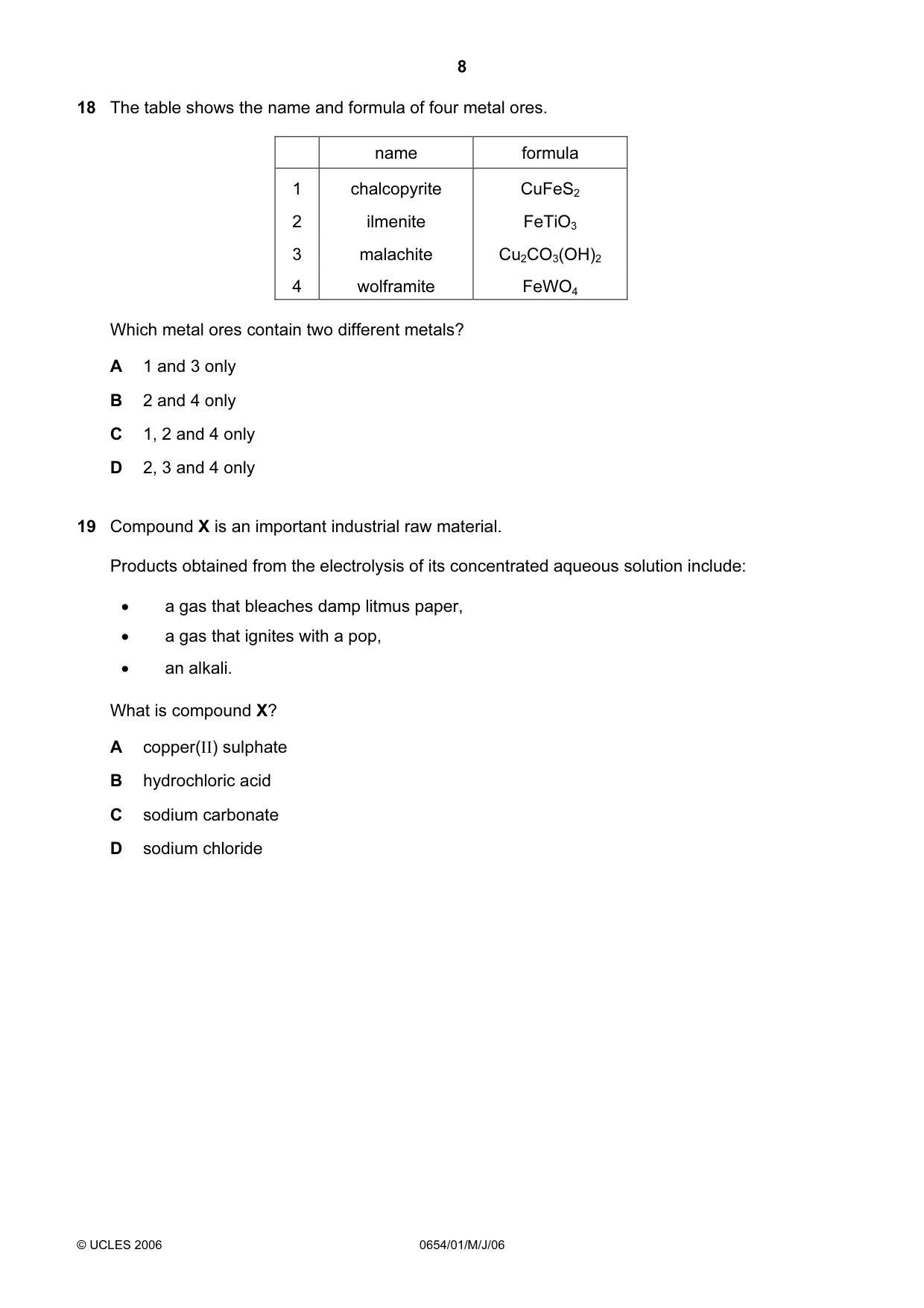 Cambridge IGCSE Sciences - Co-ordinated (Double) 0654 2006 May/June Paper 1 · Variant 1 question paper, page 8 of 20