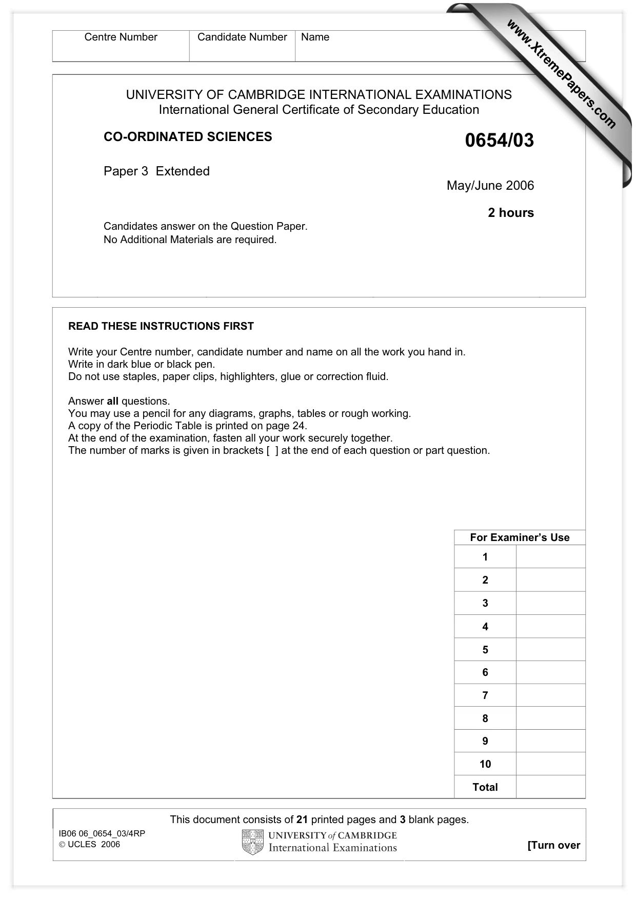 Cambridge IGCSE Sciences - Co-ordinated (Double) 0654 2006 May/June Paper 3 · Variant 1 question paper, page 1 of 24