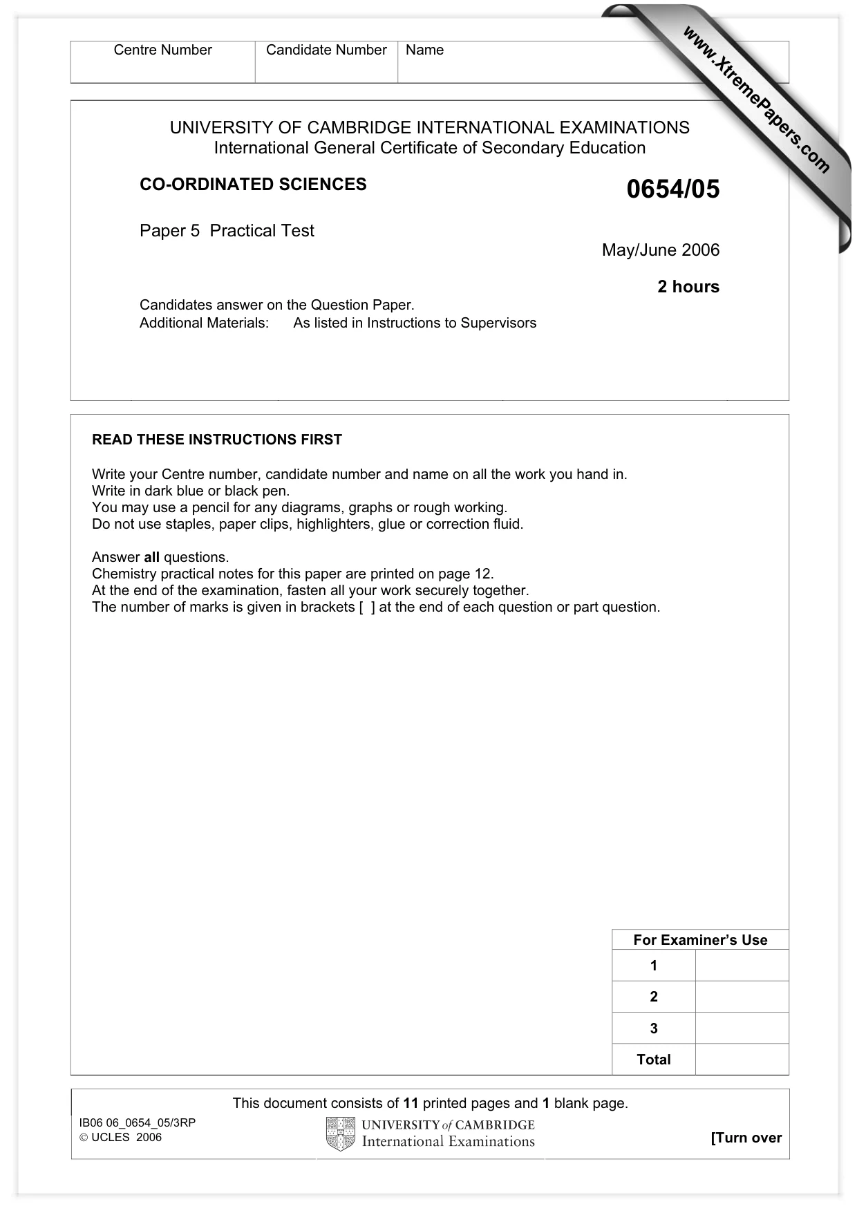 Cambridge IGCSE Sciences - Co-ordinated (Double) 0654 2006 May/June Paper 5 · Variant 1 question paper, page 1 of 12