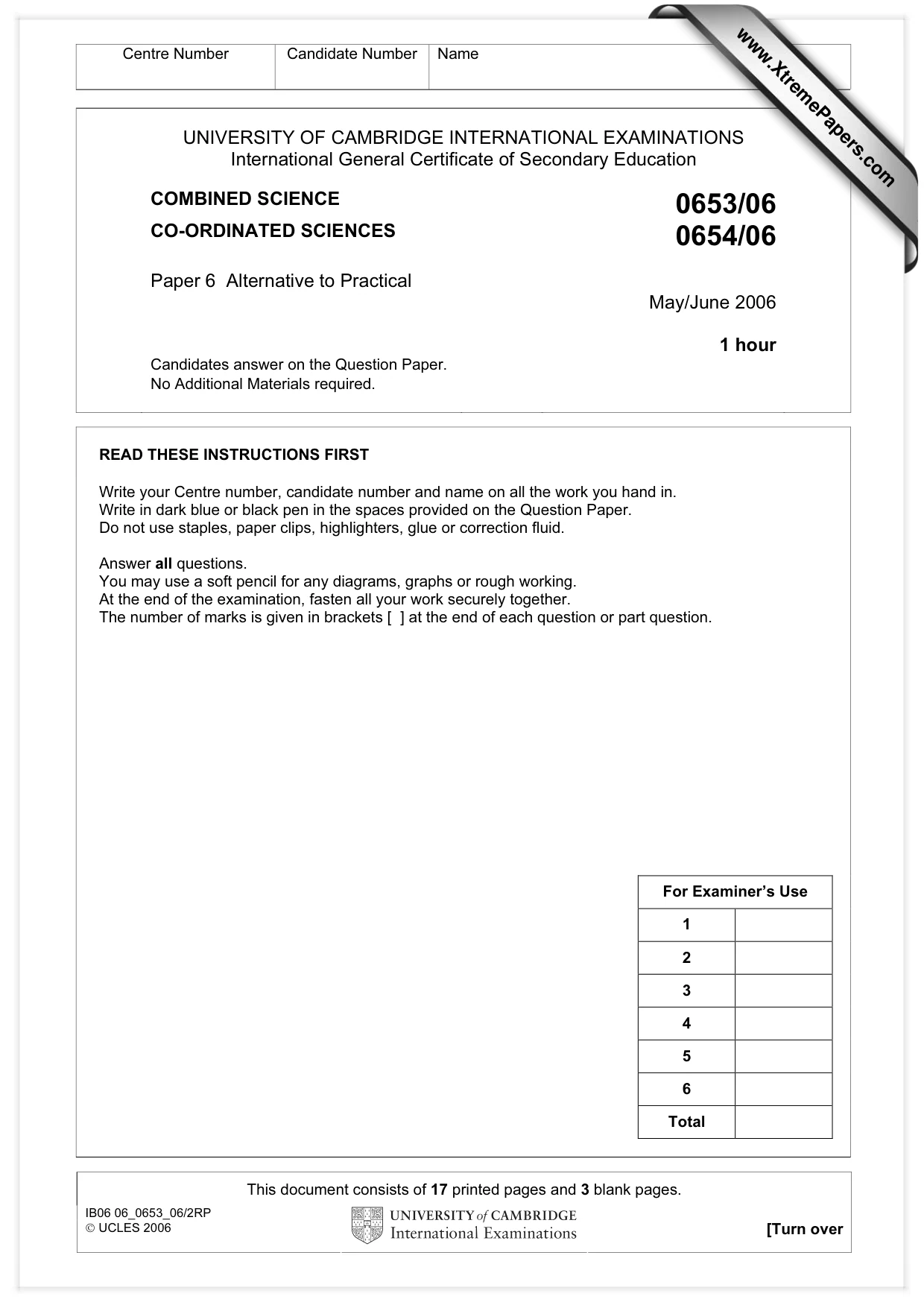Cambridge IGCSE Sciences - Co-ordinated (Double) 0654 2006 May/June Paper 6 · Variant 1 question paper, page 1 of 20