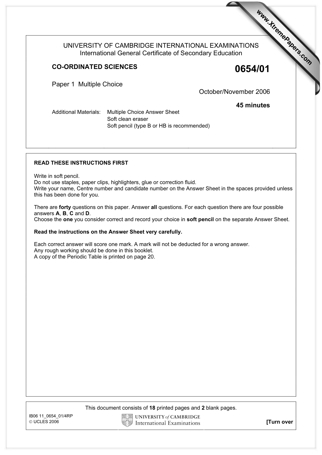Cambridge IGCSE Sciences - Co-ordinated (Double) 0654 2006 Oct/Nov Paper 1 · Variant 1 question paper, page 1 of 20