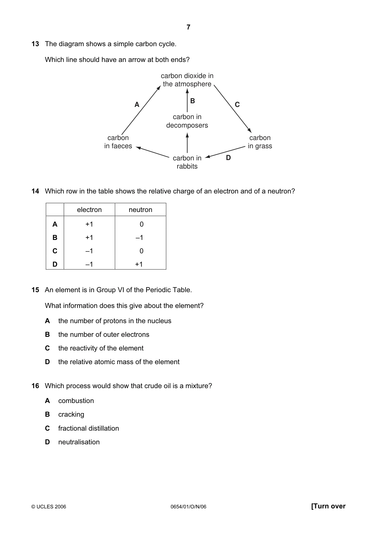 Cambridge IGCSE Sciences - Co-ordinated (Double) 0654 2006 Oct/Nov Paper 1 · Variant 1 question paper, page 7 of 20