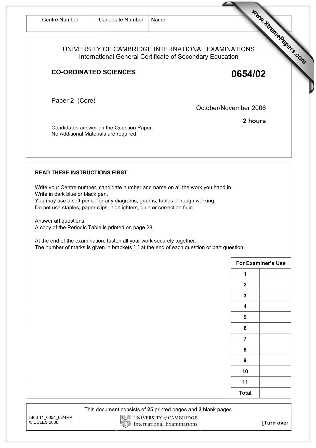 Cambridge IGCSE Sciences - Co-ordinated (Double) 0654 2006 Oct/Nov Paper 2 · Variant 1 question paper, page 1 of 28