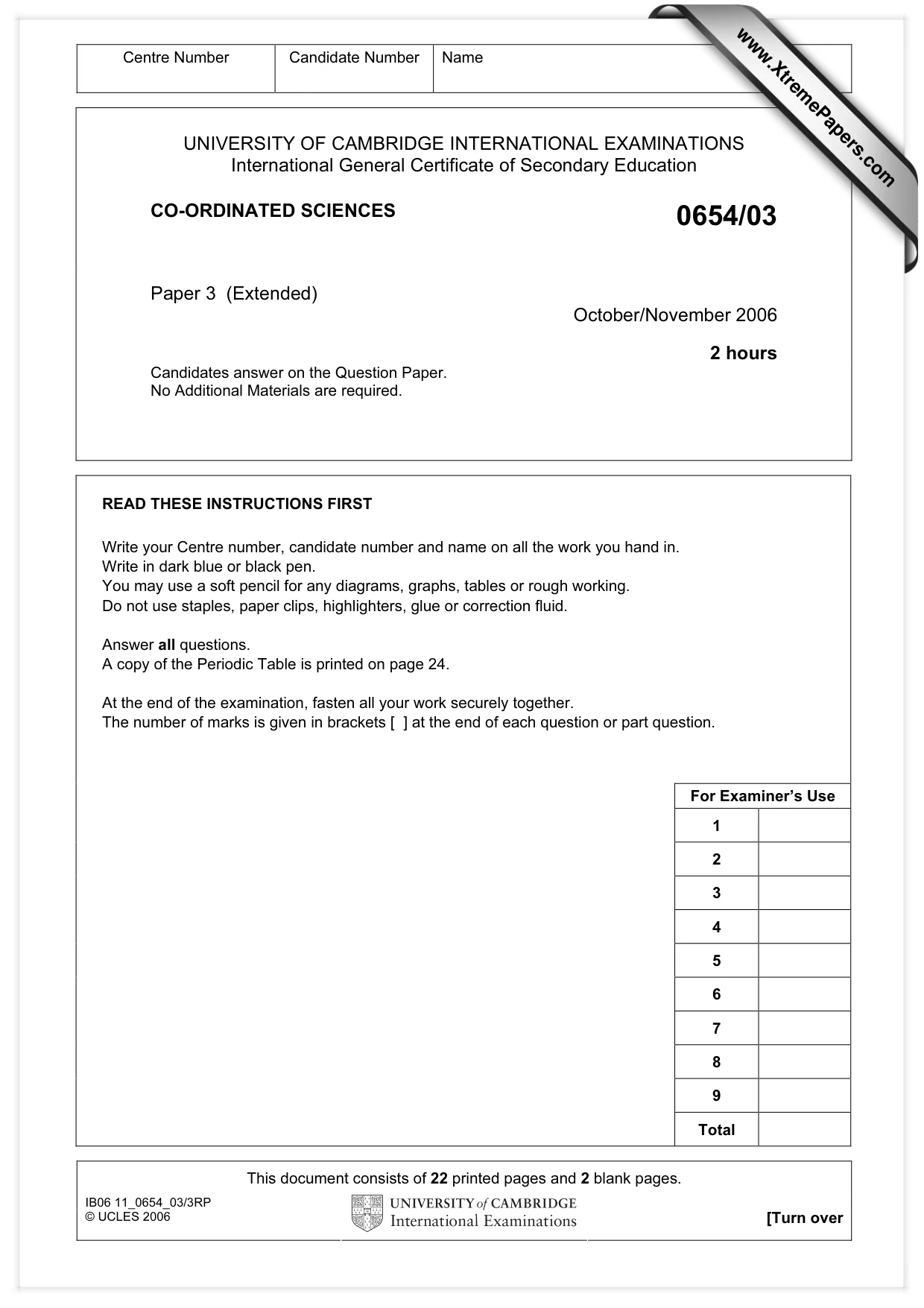 Cambridge IGCSE Sciences - Co-ordinated (Double) 0654 2006 Oct/Nov Paper 3 · Variant 1 question paper, page 1 of 24