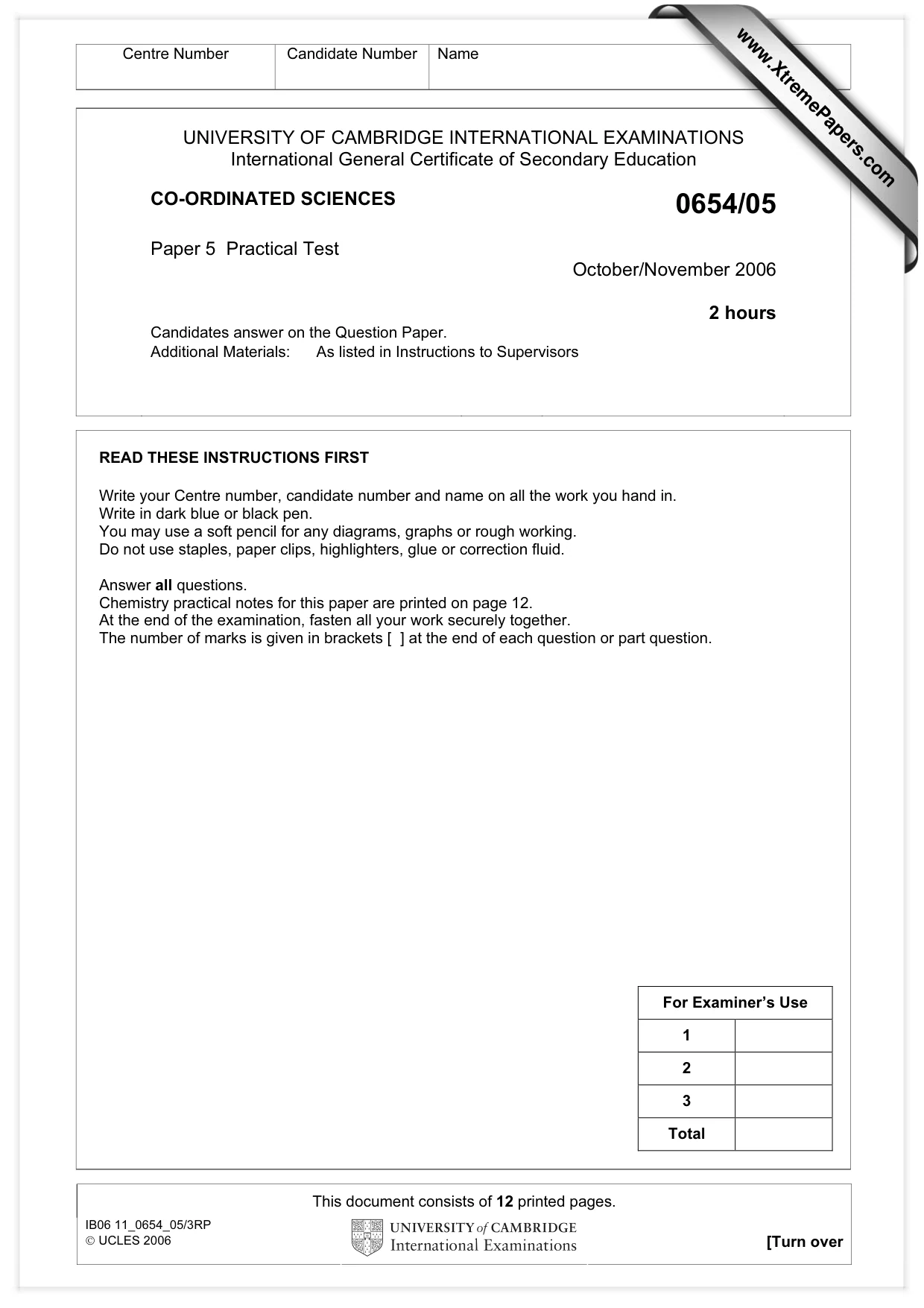 Cambridge IGCSE Sciences - Co-ordinated (Double) 0654 2006 Oct/Nov Paper 5 · Variant 1 question paper, page 1 of 12