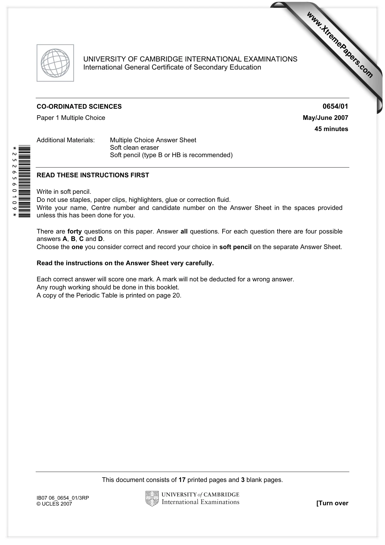 Cambridge IGCSE Sciences - Co-ordinated (Double) 0654 2007 May/June Paper 1 · Variant 1 question paper, page 1 of 20