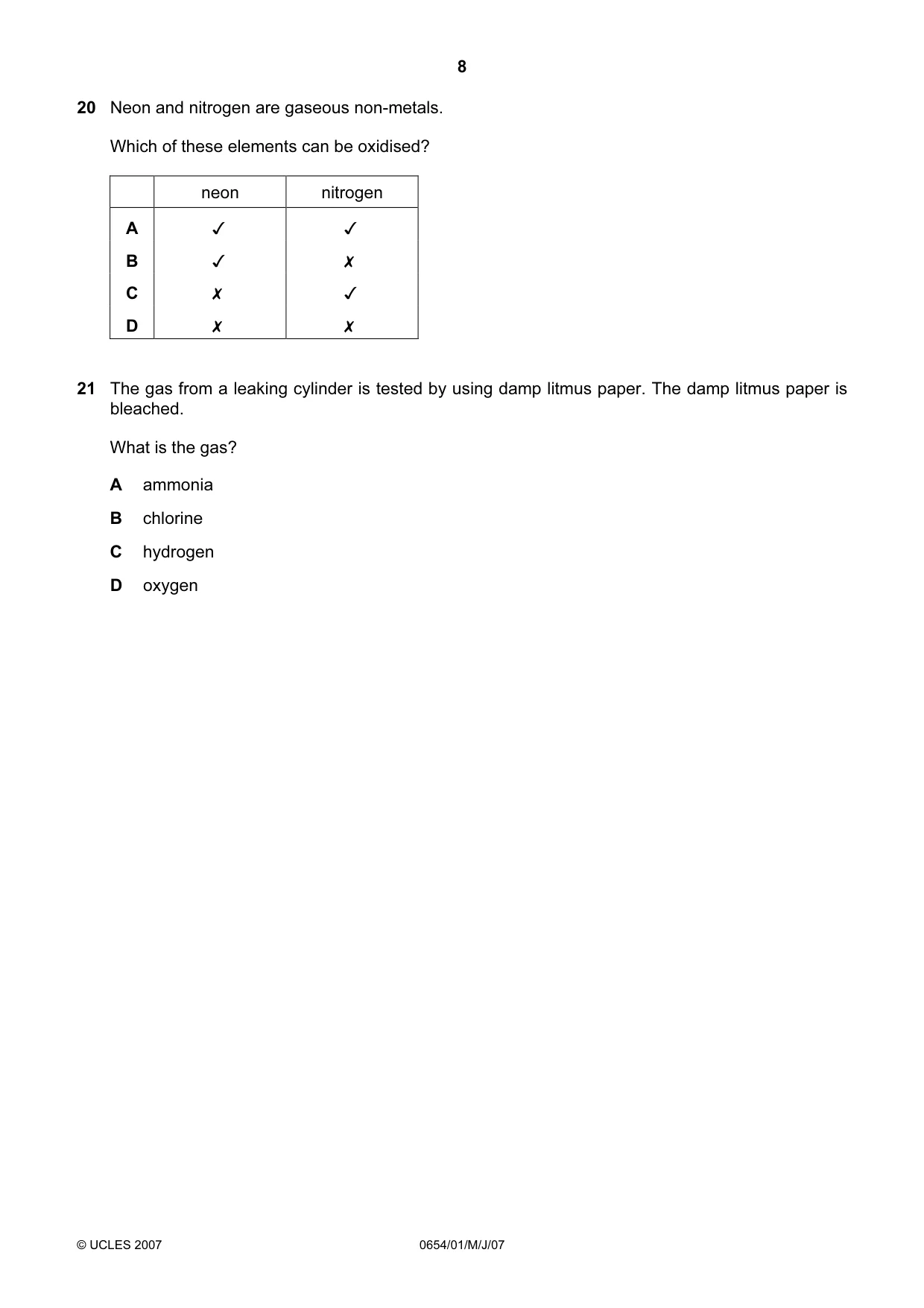 Cambridge IGCSE Sciences - Co-ordinated (Double) 0654 2007 May/June Paper 1 · Variant 1 question paper, page 8 of 20