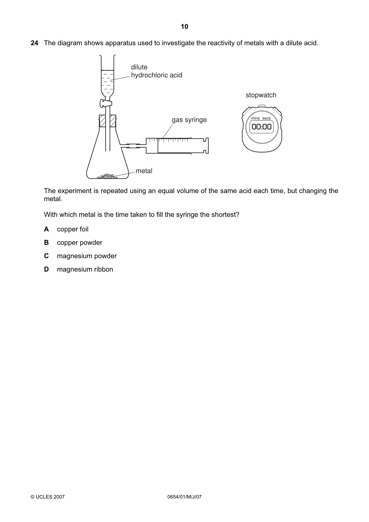Cambridge IGCSE Sciences - Co-ordinated (Double) 0654 2007 May/June Paper 1 · Variant 1 question paper, page 10 of 20