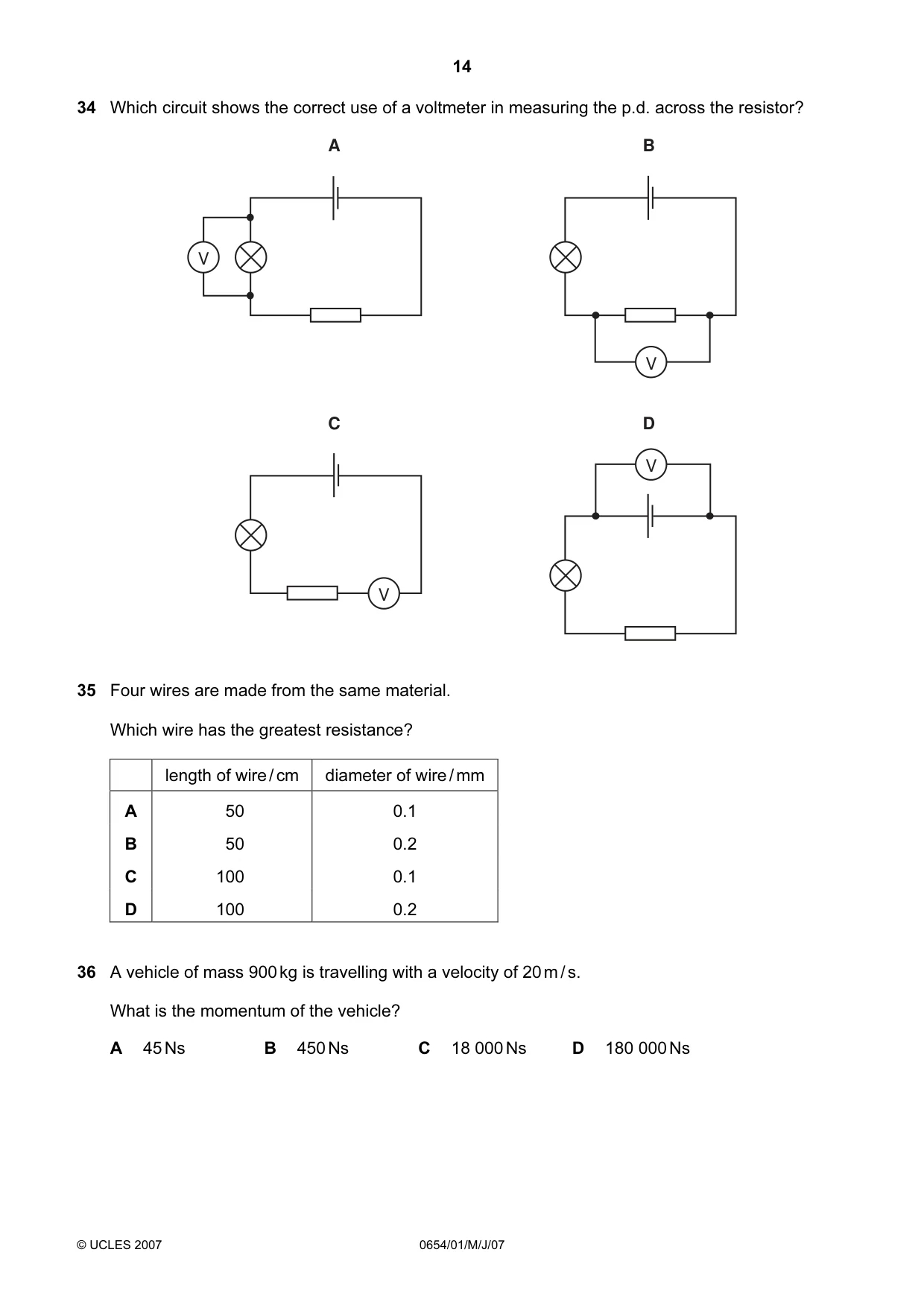 Cambridge IGCSE Sciences - Co-ordinated (Double) 0654 2007 May/June Paper 1 · Variant 1 question paper, page 14 of 20