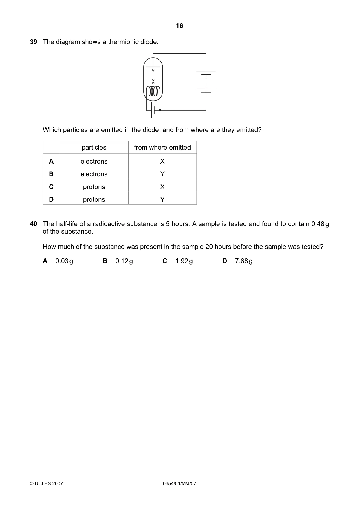 Cambridge IGCSE Sciences - Co-ordinated (Double) 0654 2007 May/June Paper 1 · Variant 1 question paper, page 16 of 20