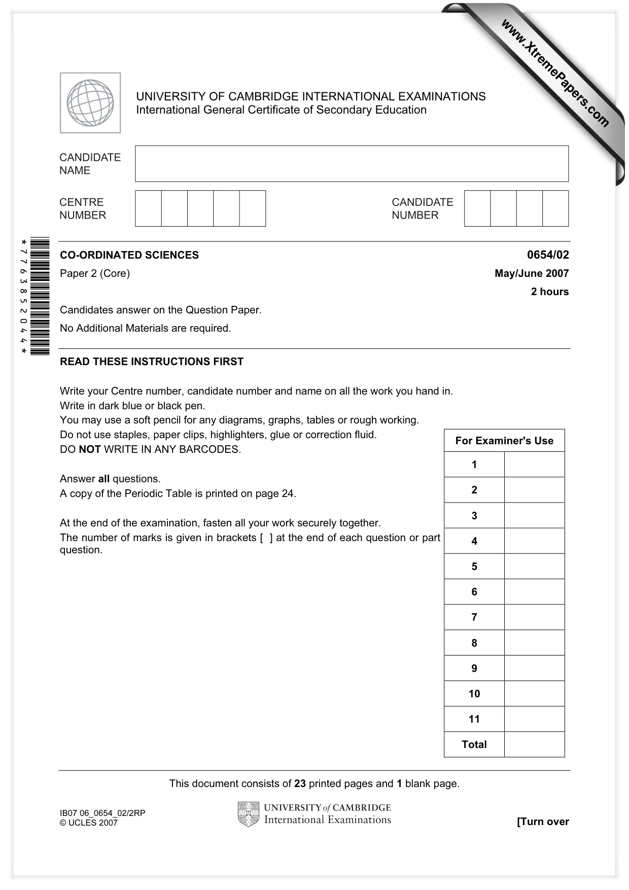 Cambridge IGCSE Sciences - Co-ordinated (Double) 0654 2007 May/June Paper 2 · Variant 1 question paper, page 1 of 24