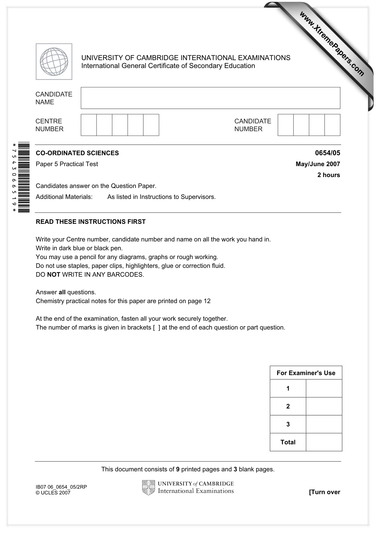 Cambridge IGCSE Sciences - Co-ordinated (Double) 0654 2007 May/June Paper 5 · Variant 1 question paper, page 1 of 12