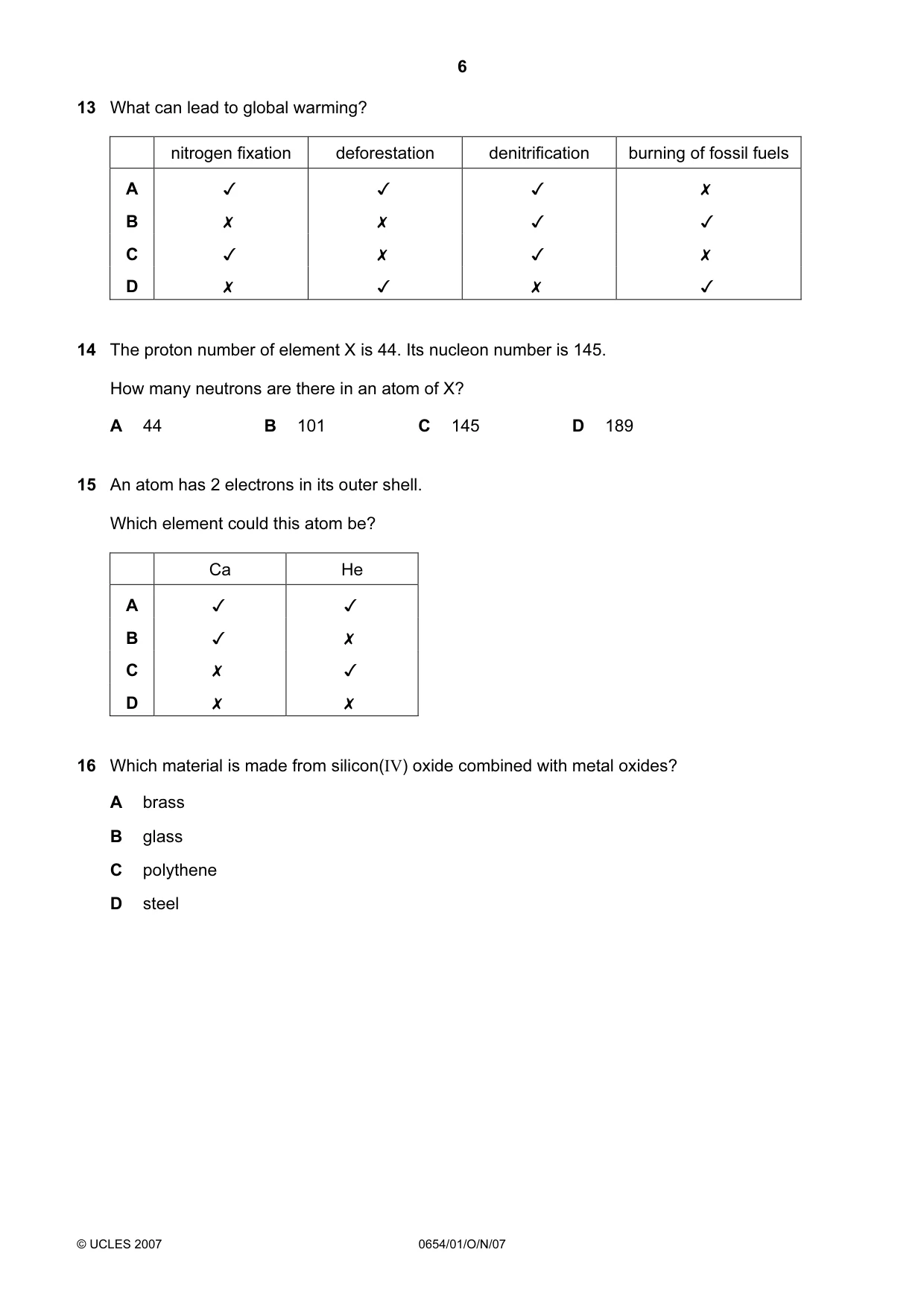 Cambridge IGCSE Sciences - Co-ordinated (Double) 0654 2007 Oct/Nov Paper 1 · Variant 1 question paper, page 6 of 20
